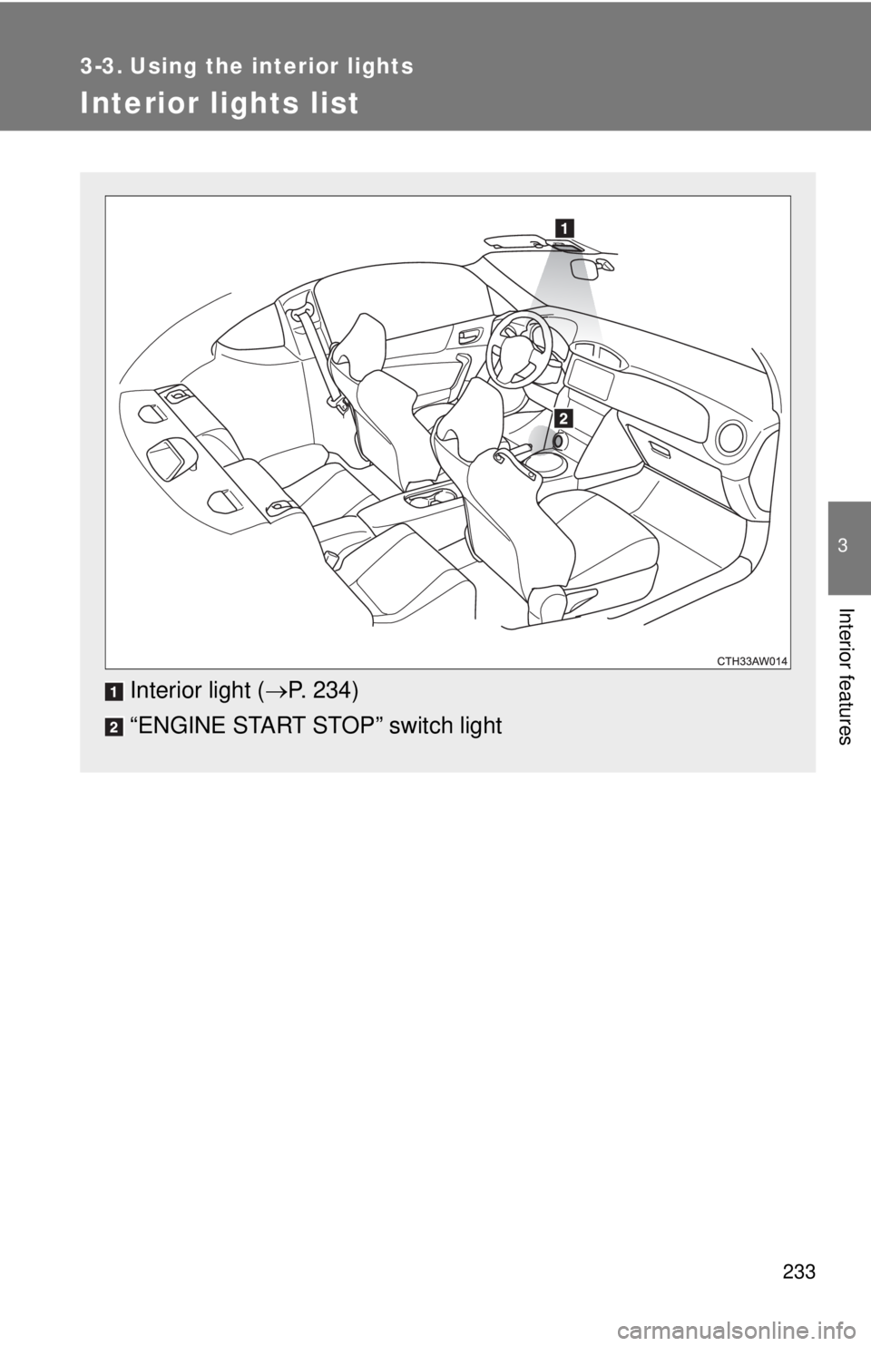 TOYOTA FR-S 2015  Owners Manual (in English) 233
3
Interior features
3-3. Using the interior lights
Interior lights list
Interior light (P. 234)
“ENGINE START STOP” switch light 