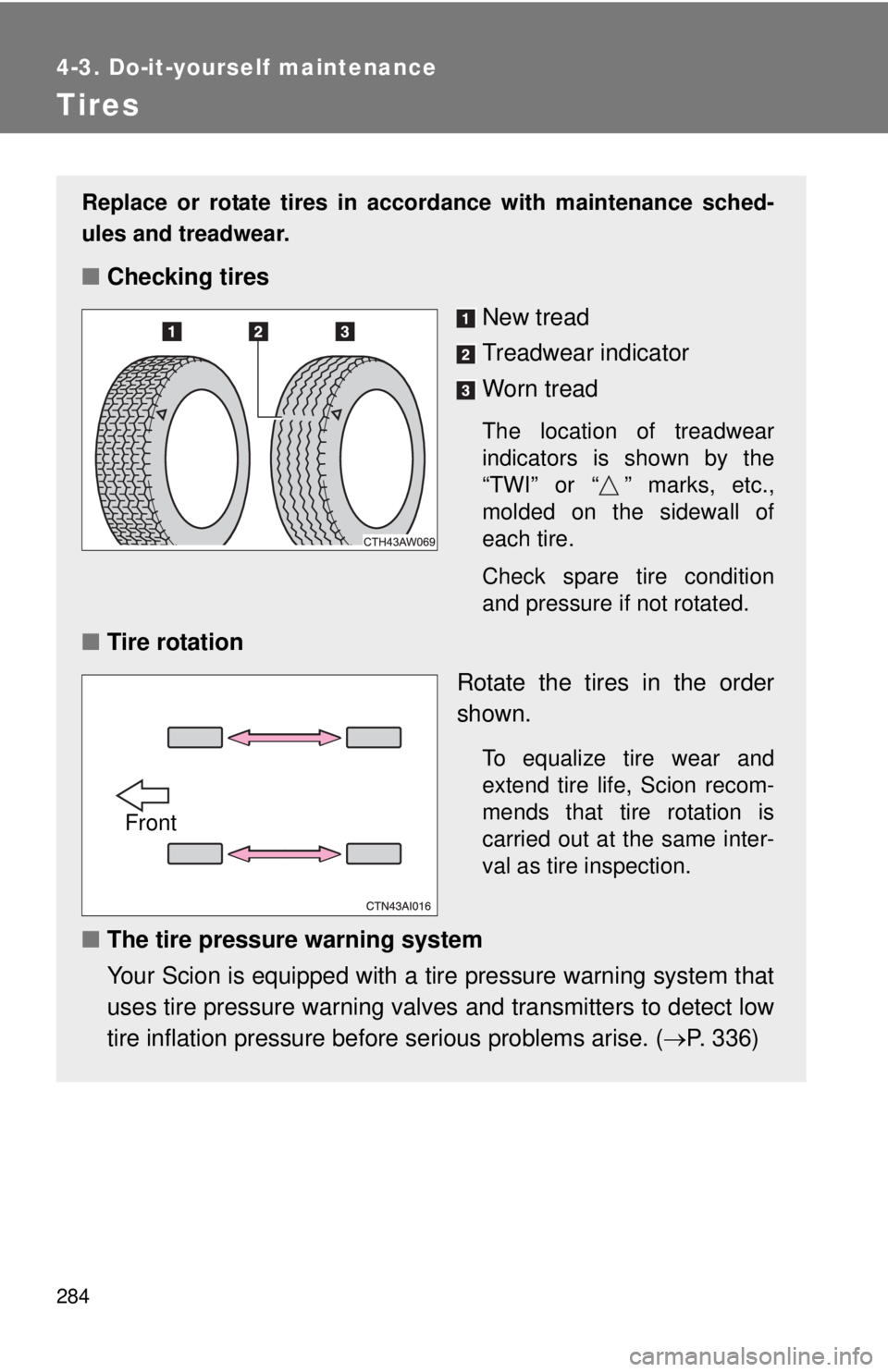 TOYOTA FR-S 2015  Owners Manual (in English) 284
4-3. Do-it-yourself maintenance
Tires
Replace or rotate tires in accordance with maintenance sched-
ules and treadwear.
■Checking tires
New tread
Treadwear indicator
Worn tread
The location of t