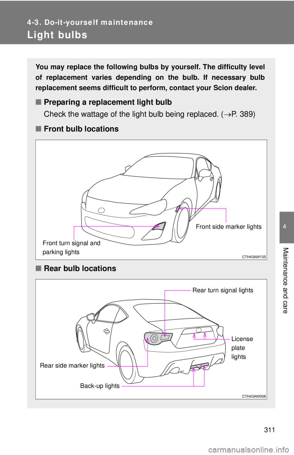 TOYOTA FR-S 2015  Owners Manual (in English) 311
4-3. Do-it-yourself maintenance
4
Maintenance and care
Light bulbs
You may replace the following bulbs by yourself. The difficulty level
of replacement varies depending on the bulb. If necessary b