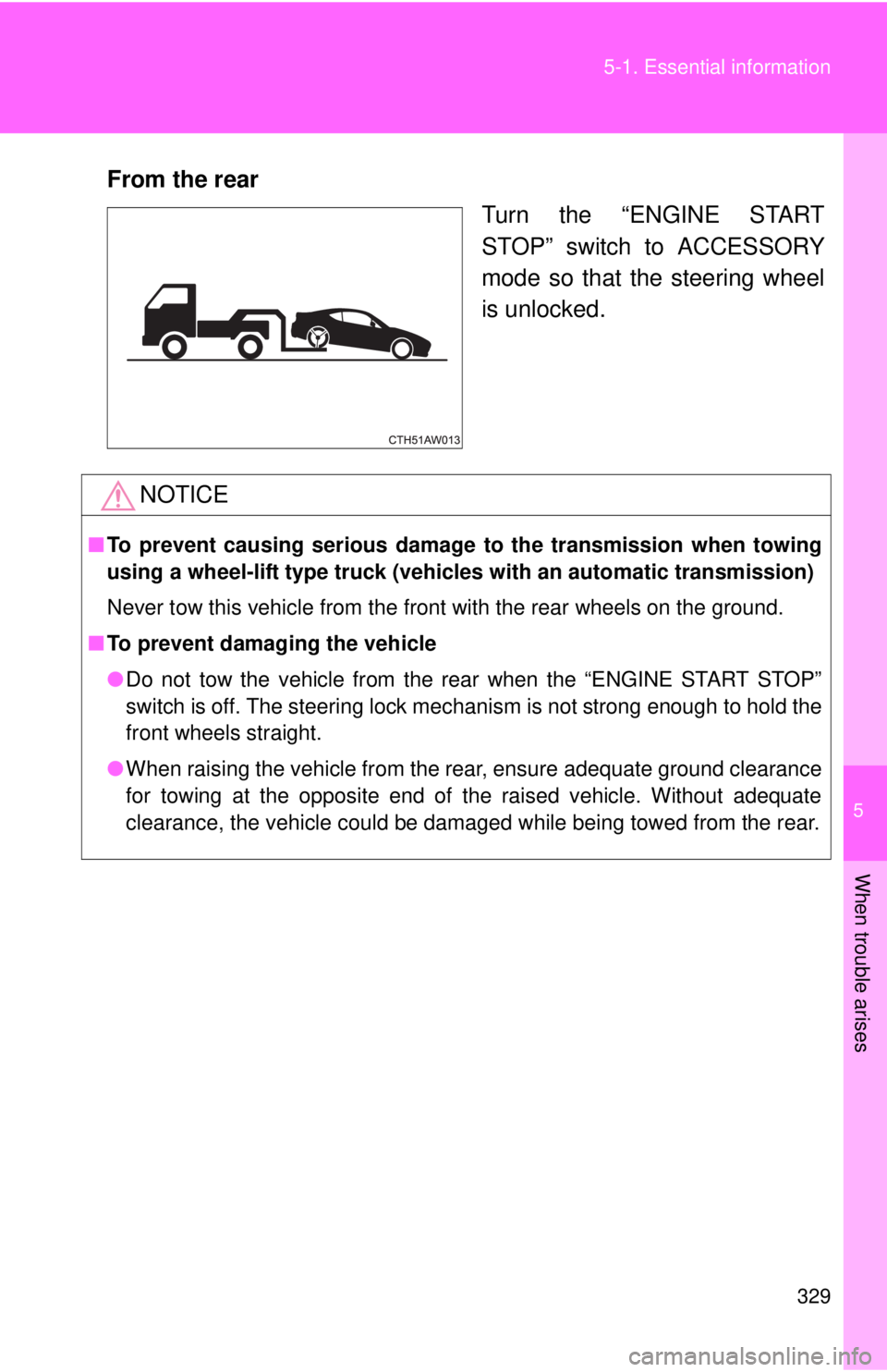 TOYOTA FR-S 2015  Owners Manual (in English) 5
When trouble arises
329 5-1. Essential information
From the rear
Turn the “ENGINE START
STOP” switch to ACCESSORY
mode so that the steering wheel
is unlocked.
NOTICE
■To prevent causing seriou