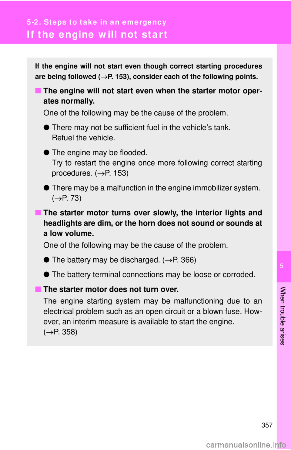 TOYOTA FR-S 2015  Owners Manual (in English) 5
When trouble arises
357
5-2. Steps to take in an emergency
If the engine will not star t
If the engine will not start even though correct starting procedures
are being followed (P. 153), consider