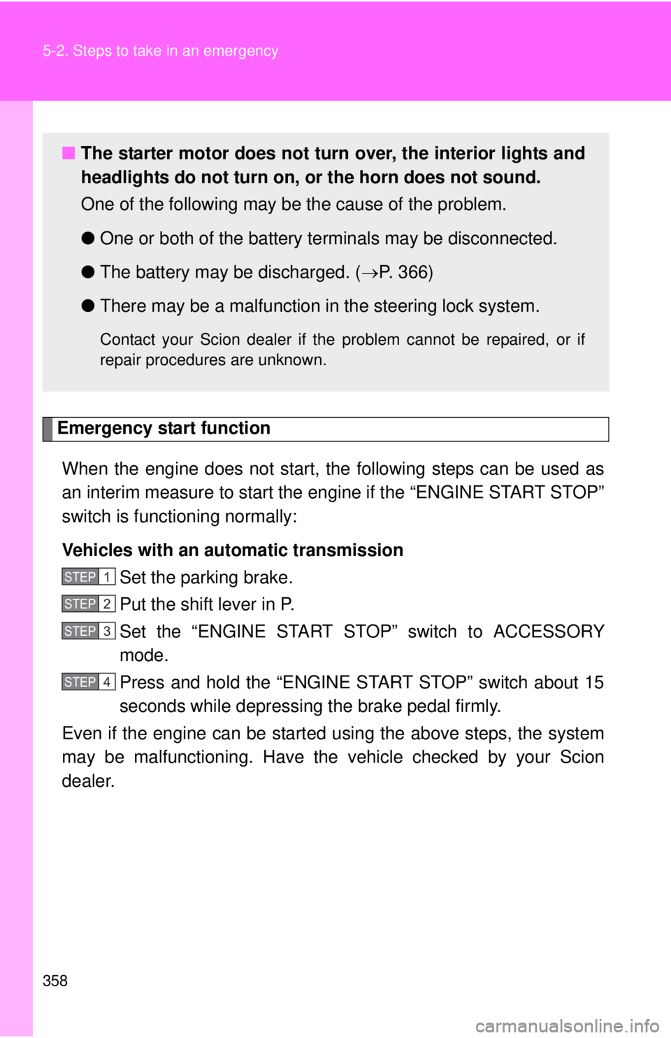 TOYOTA FR-S 2015  Owners Manual (in English) 358 5-2. Steps to take in an emergency
Emergency start function
When the engine does not start, the following steps can be used as
an interim measure to start the engine if the “ENGINE START STOP”