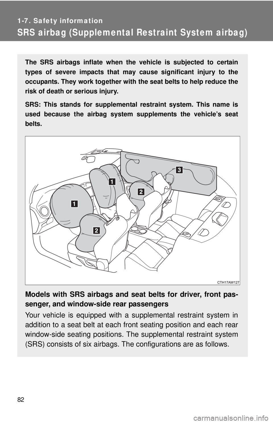 TOYOTA FR-S 2015 Owners Manual (in English) 82
1-7. Safety information
SRS airbag (Supplemental Restraint System airbag)
The SRS airbags inflate when the vehicle is subjected to certain
types of severe impacts that may cause significant injury TOYOTA FR-S 2015 Owners Manual (in English) 82
1-7. Safety information
SRS airbag (Supplemental Restraint System airbag)
The SRS airbags inflate when the vehicle is subjected to certain
types of severe impacts that may cause significant injury