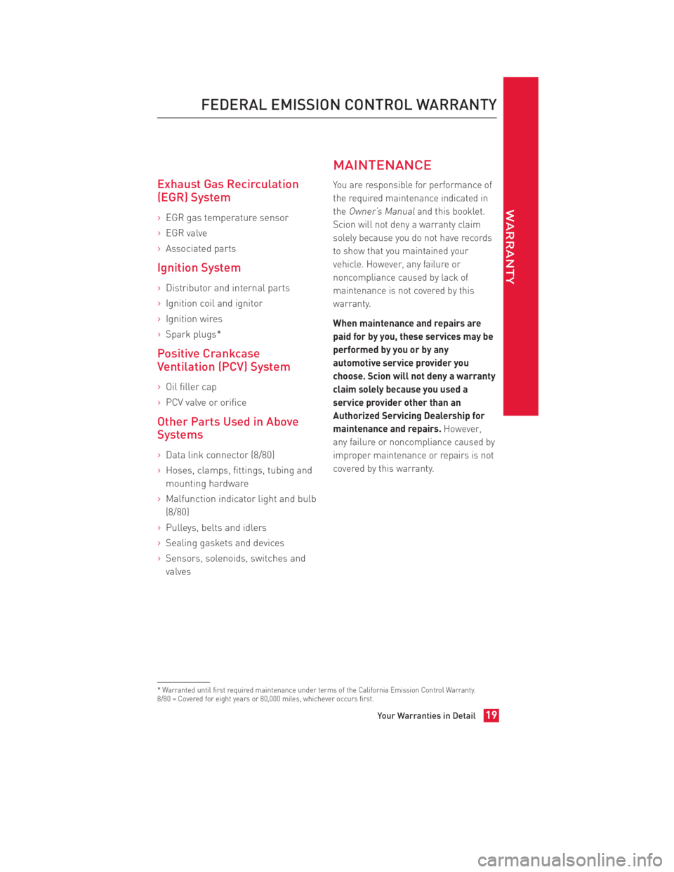 TOYOTA FR-S 2015 Warranties & Maintenance Guides (in English) JOBNAME: 1705404-2015-sfrWG-E PAGE: 19 SESS: 11 OUTPUT: Mon Apr 21 14:54:30 2014
/tweddle/toyota/sched-maint/1705404-en-sfr/wg15
Exhaust Gas Recirculation
(EGR) System
>EGR gas temperature sensor
>EGR TOYOTA FR-S 2015 Warranties & Maintenance Guides (in English) JOBNAME: 1705404-2015-sfrWG-E PAGE: 19 SESS: 11 OUTPUT: Mon Apr 21 14:54:30 2014
/tweddle/toyota/sched-maint/1705404-en-sfr/wg15
Exhaust Gas Recirculation
(EGR) System
>EGR gas temperature sensor
>EGR