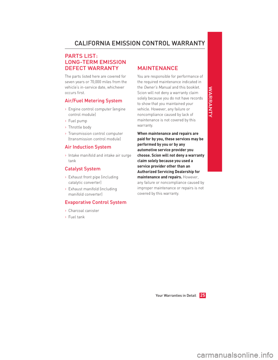 TOYOTA FR-S 2015 Warranties & Maintenance Guides (in English) JOBNAME: 1705404-2015-sfrWG-E PAGE: 25 SESS: 11 OUTPUT: Mon Apr 21 14:54:30 2014
/tweddle/toyota/sched-maint/1705404-en-sfr/wg15
PARTS LIST:
LONG-TERM EMISSION
DEFECT WARRANTY
The parts listed here ar TOYOTA FR-S 2015 Warranties & Maintenance Guides (in English) JOBNAME: 1705404-2015-sfrWG-E PAGE: 25 SESS: 11 OUTPUT: Mon Apr 21 14:54:30 2014
/tweddle/toyota/sched-maint/1705404-en-sfr/wg15
PARTS LIST:
LONG-TERM EMISSION
DEFECT WARRANTY
The parts listed here ar