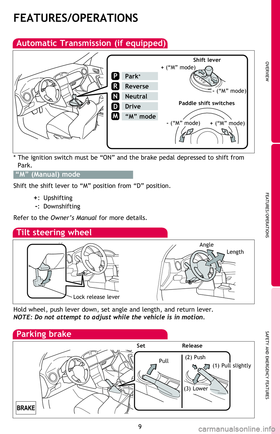 TOYOTA FR-S 2016 (in English) User Guide OVERVIEW
FEATURES/OPERATIONS
SAFETY AND EMERGENCY FEATURES
9
FEATURES/OPERATIONS
Automatic Transmission (if equipped)
P
R
N
D
M
Park*
Reverse
Neutral
Drive
“M” mode
Tilt steering wheel
Hold wheel, TOYOTA FR-S 2016 (in English) User Guide OVERVIEW
FEATURES/OPERATIONS
SAFETY AND EMERGENCY FEATURES
9
FEATURES/OPERATIONS
Automatic Transmission (if equipped)
P
R
N
D
M
Park*
Reverse
Neutral
Drive
“M” mode
Tilt steering wheel
Hold wheel,