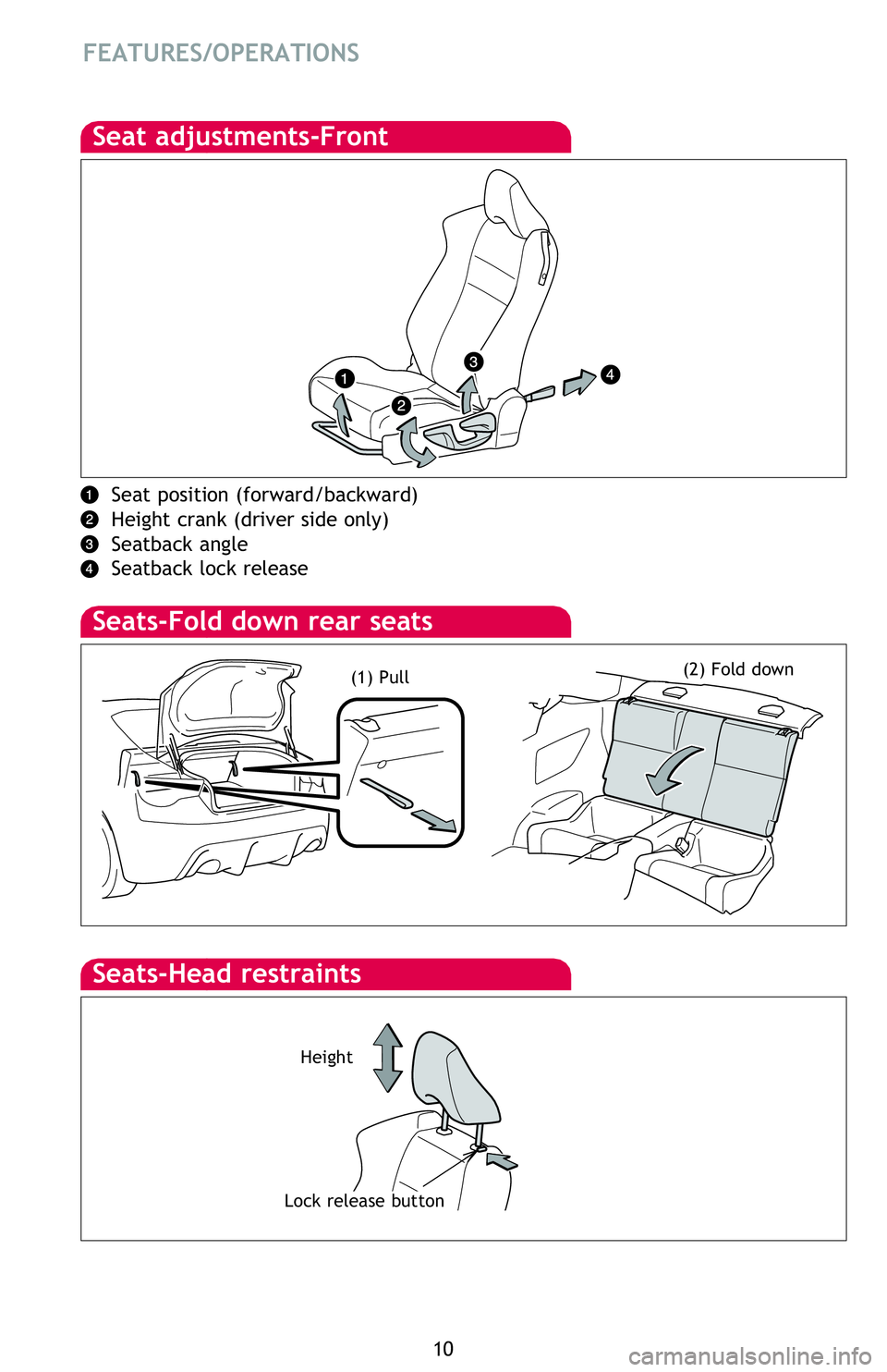 TOYOTA FR-S 2016 (in English) User Guide 10
FEATURES/OPERATIONS
Seat adjustments-Front
Seat position (forward/backward)
Height crank (driver side only)
Seatback angle
Seatback lock release
Seats-Fold down rear seats
(1) Pull(2) Fold down
Sea TOYOTA FR-S 2016 (in English) User Guide 10
FEATURES/OPERATIONS
Seat adjustments-Front
Seat position (forward/backward)
Height crank (driver side only)
Seatback angle
Seatback lock release
Seats-Fold down rear seats
(1) Pull(2) Fold down
Sea