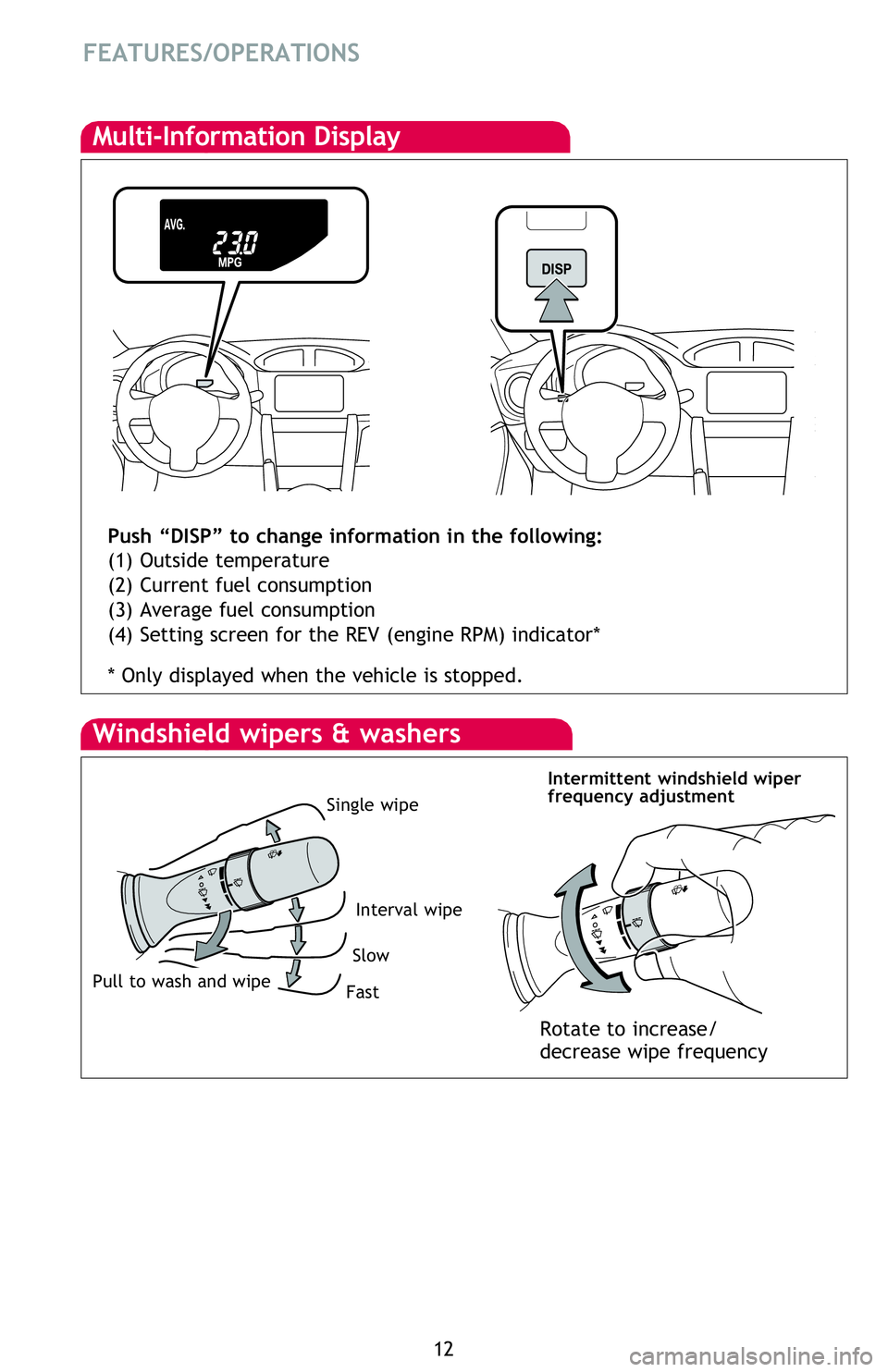 TOYOTA FR-S 2016 (in English) User Guide 12
FEATURES/OPERATIONS
Multi-Information Display
Push “DISP” to change information in the following:
(1) Outside temperature
(2) Current fuel consumption
(3) Average fuel consumption
(4) Setting TOYOTA FR-S 2016 (in English) User Guide 12
FEATURES/OPERATIONS
Multi-Information Display
Push “DISP” to change information in the following:
(1) Outside temperature
(2) Current fuel consumption
(3) Average fuel consumption
(4) Setting
