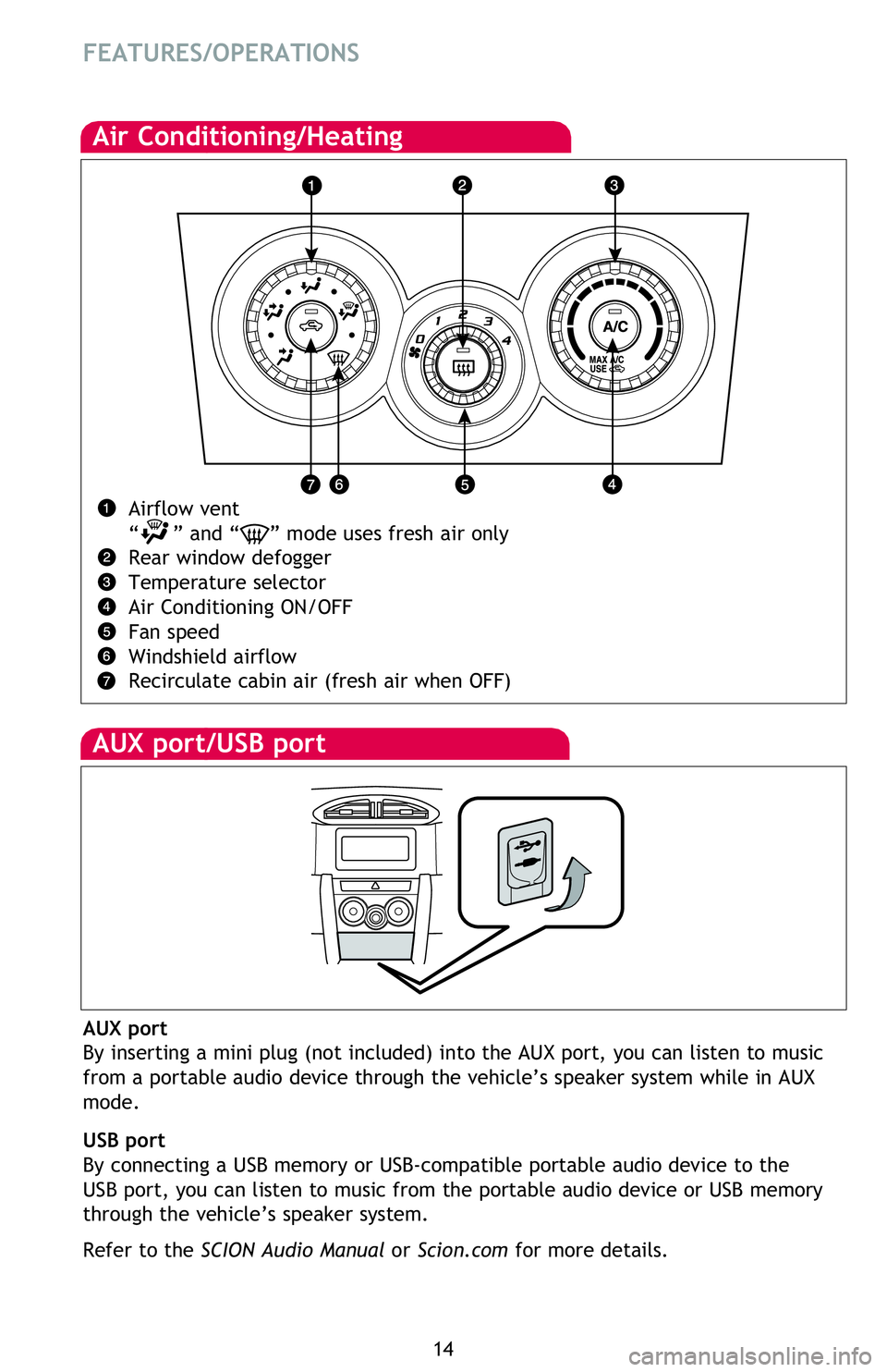 TOYOTA FR-S 2016 (in English) User Guide 14
Air Conditioning/Heating
Airflow vent
“ ” and “
” mode uses fresh air only
Rear window defogger
Temperature selector
Air Conditioning ON/OFF
Fan speed
Windshield airflow
Recirculate cab TOYOTA FR-S 2016 (in English) User Guide 14
Air Conditioning/Heating
Airflow vent
“ ” and “
” mode uses fresh air only
Rear window defogger
Temperature selector
Air Conditioning ON/OFF
Fan speed
Windshield airflow
Recirculate cab