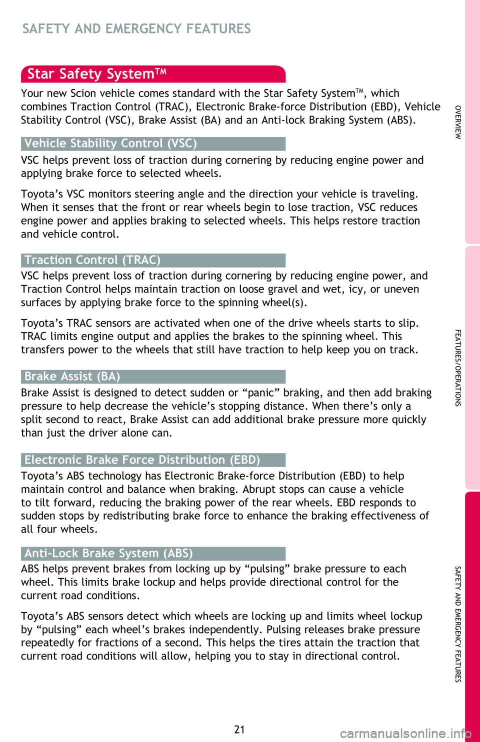 TOYOTA FR-S 2016   (in English) Owners Manual OVERVIEW
FEATURES/OPERATIONS
SAFETY AND EMERGENCY FEATURES
21
Star Safety SystemTM
VSC helps prevent loss of traction during cornering by reducing engine power and 
applying brake force to selected wh