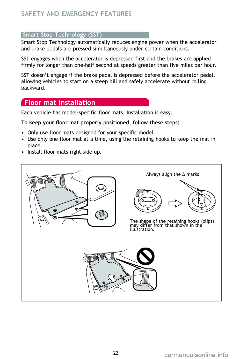 TOYOTA FR-S 2016   (in English) Owners Manual 22 Smart Stop Technology automatically reduces engine power when the accelerator 
and brake pedals are pressed simultaneously under certain conditions. 
SST engages when the accelerator is depressed f
