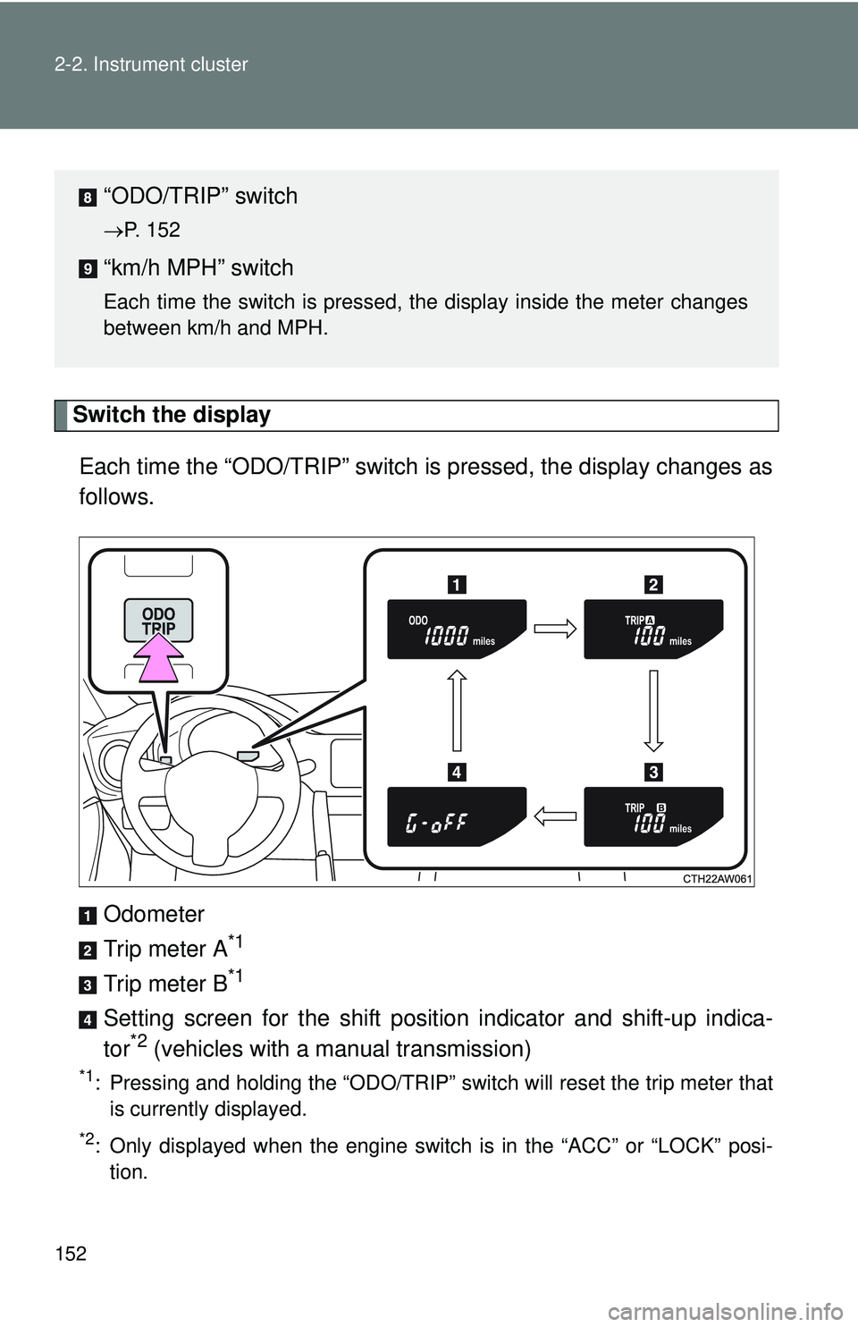 TOYOTA FR-S 2016  Owners Manual (in English) 152 2-2. Instrument cluster
Switch the displayEach time the “ODO/TRIP” switch is pressed, the display changes as
follows.
Odometer
Trip meter A
*1
Trip meter B*1
Setting screen for the shift posit