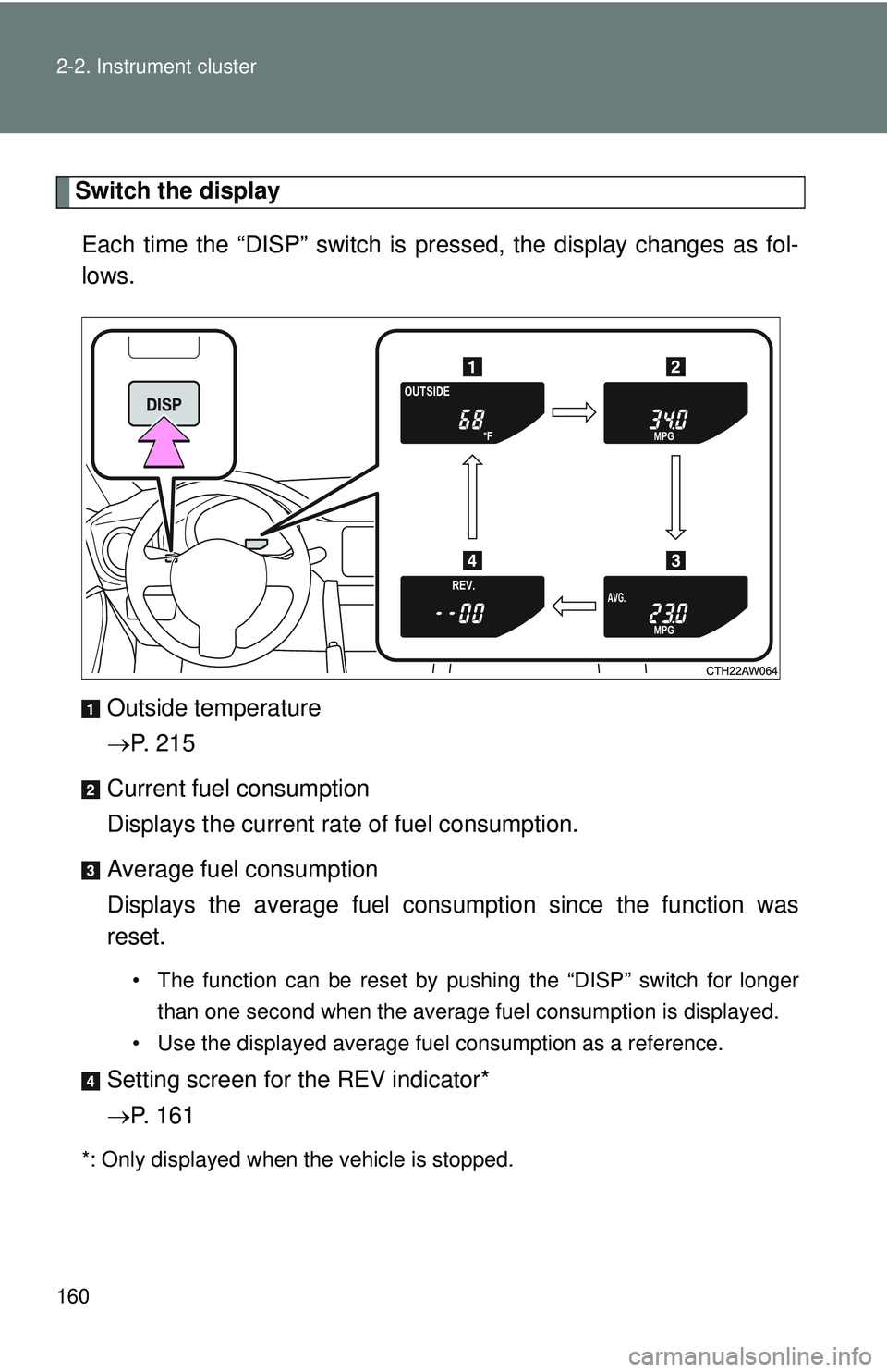 TOYOTA FR-S 2016  Owners Manual (in English) 160 2-2. Instrument cluster
Switch the displayEach time the “DISP” switch is pressed, the display changes as fol-
lows.
Outside temperature
P.  2 1 5
Current fuel consumption
Displays the curre