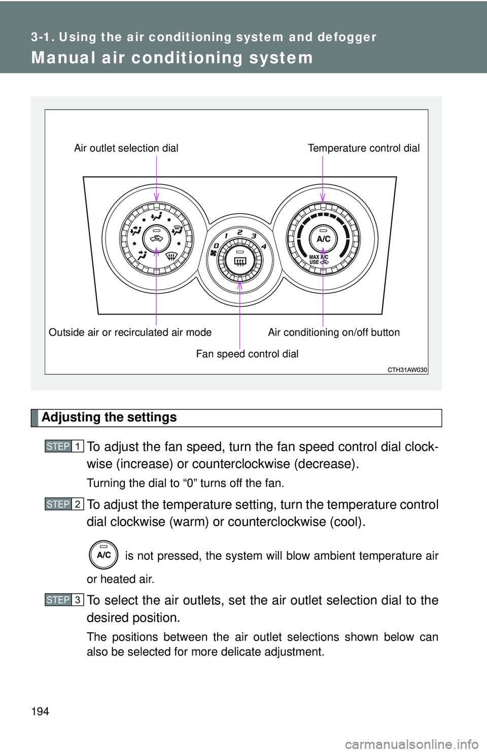 TOYOTA FR-S 2016  Owners Manual (in English) 194
3-1. Using the air conditioning system and defogger
Manual air conditioning system
Adjusting the settingsTo adjust the fan speed, turn  the fan speed control dial clock-
wise (increase) or count e