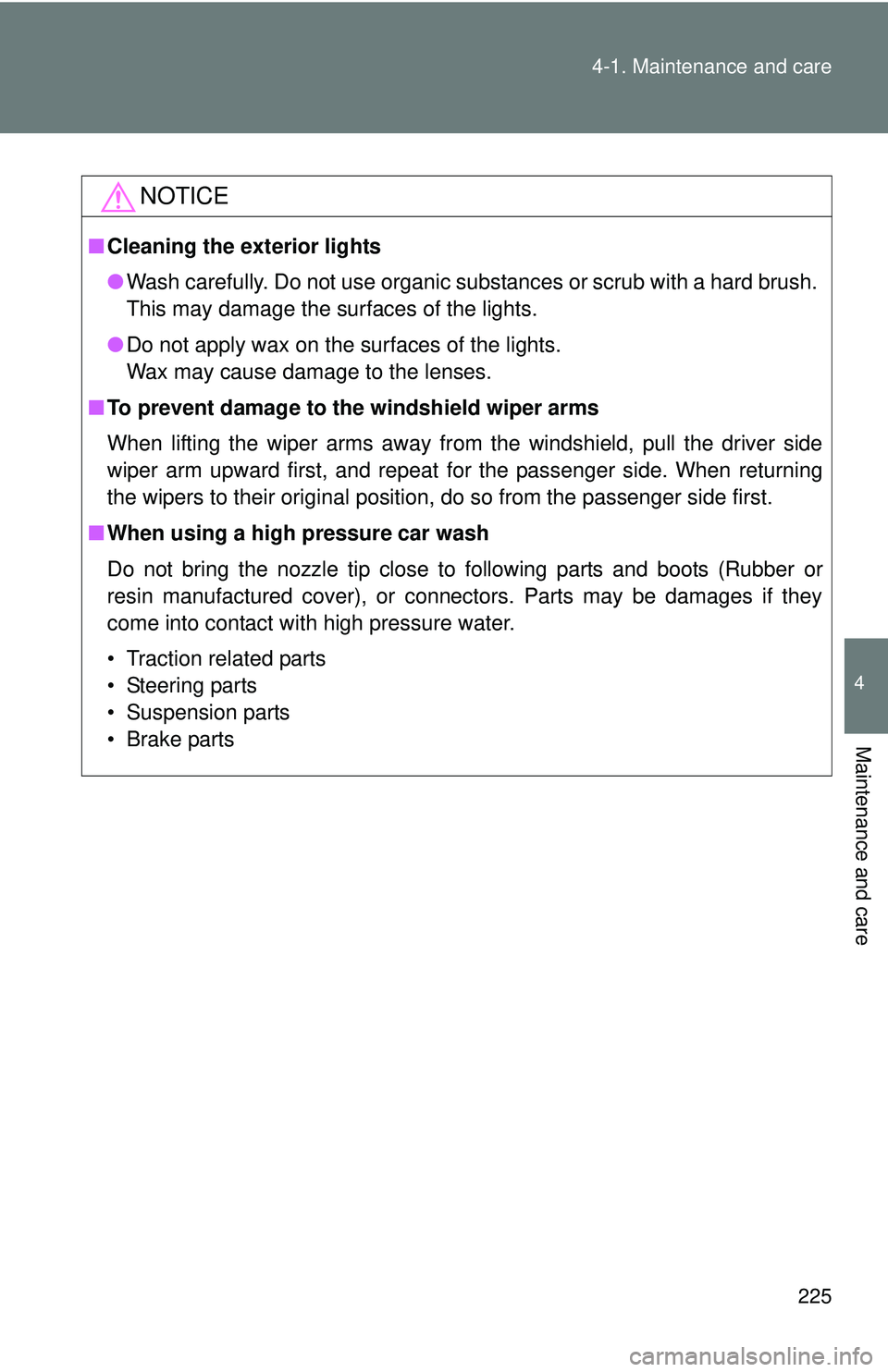TOYOTA FR-S 2016 Owners Manual (in English) 225
4-1. Maintenance and care
4
Maintenance and care
NOTICE
■
Cleaning the exterior lights
●Wash carefully. Do not use organic substances or scrub with a hard brush.
This may damage the surfaces TOYOTA FR-S 2016 Owners Manual (in English) 225
4-1. Maintenance and care
4
Maintenance and care
NOTICE
■
Cleaning the exterior lights
●Wash carefully. Do not use organic substances or scrub with a hard brush.
This may damage the surfaces