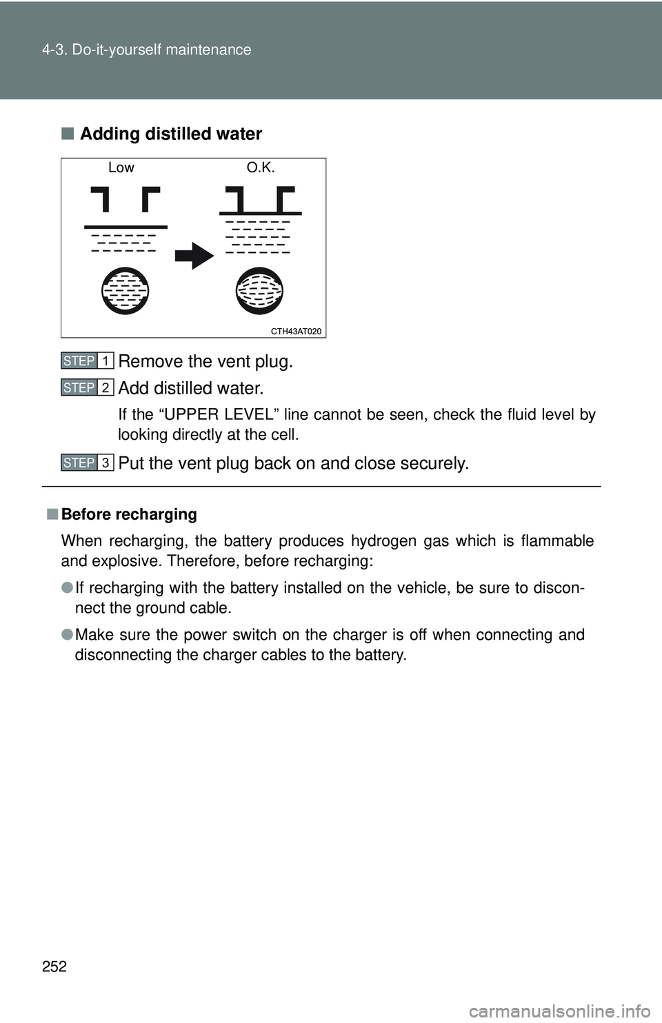 TOYOTA FR-S 2016 Owners Manual (in English) 252 4-3. Do-it-yourself maintenance
■Adding distilled water
Remove the vent plug.
Add distilled water.
If the “UPPER LEVEL” line cannot be seen, check the fluid level by
looking directly at the TOYOTA FR-S 2016 Owners Manual (in English) 252 4-3. Do-it-yourself maintenance
■Adding distilled water
Remove the vent plug.
Add distilled water.
If the “UPPER LEVEL” line cannot be seen, check the fluid level by
looking directly at the