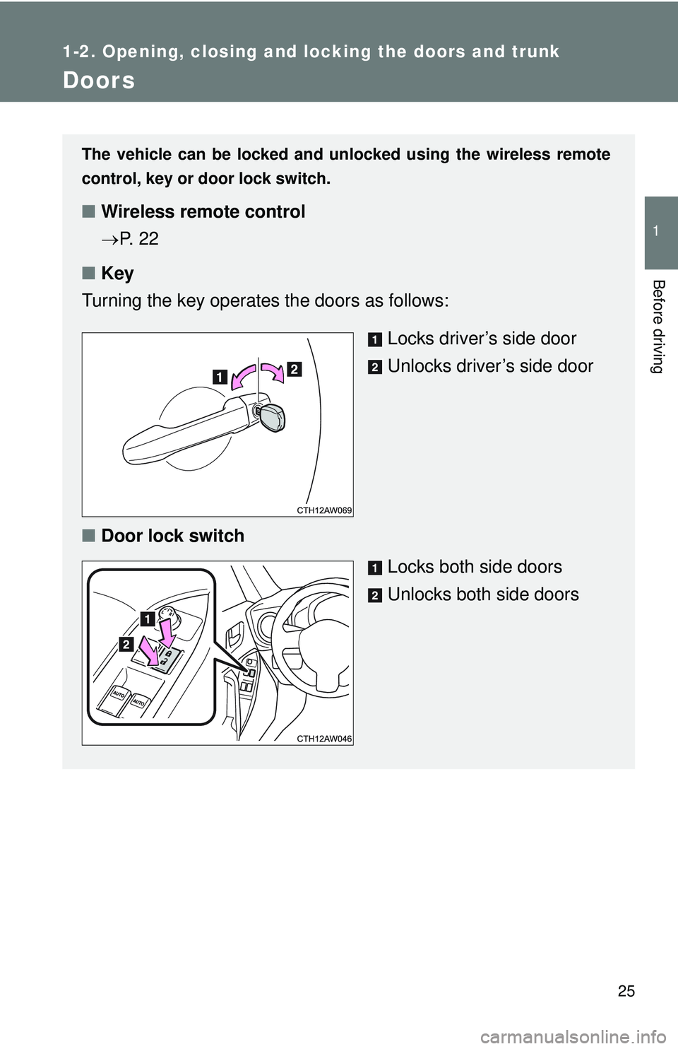 TOYOTA FR-S 2016   (in English) Owners Manual 25
1
1-2. Opening, closing and locking the doors and trunk
Before driving
Doors
The vehicle can be locked and unlocked using the wireless remote
control, key or door lock switch.
■Wireless remote co