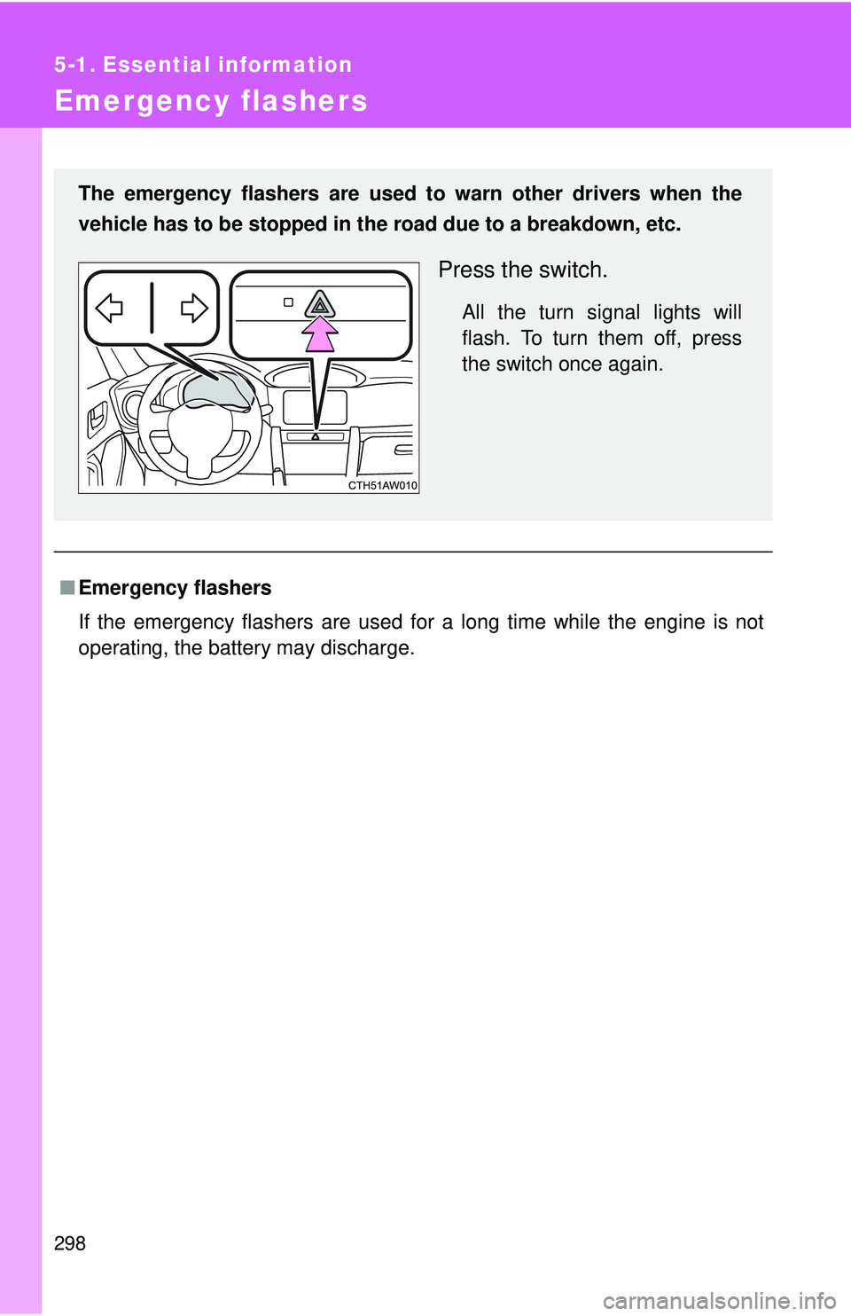 TOYOTA FR-S 2016  Owners Manual (in English) 298
5-1. Essential information
Emergency flashers
■Emergency flashers
If the emergency flashers are used for a long time while the engine is not
operating, the battery may discharge.
The emergency f