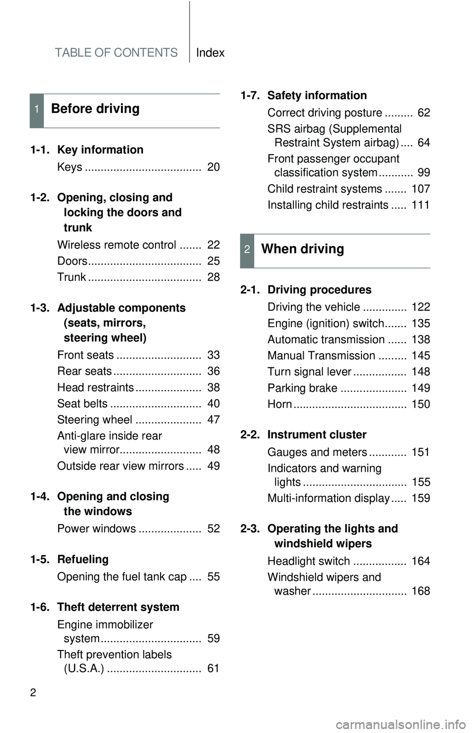 TOYOTA FR-S 2016  Owners Manual (in English) TABLE OF CONTENTSIndex
2
1-1. Key informationKeys .....................................  20
1-2. Opening, closing and  locking the doors and 
trunk
Wireless remote control .......  22
Doors...........