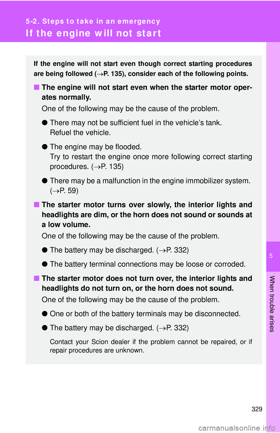 TOYOTA FR-S 2016 Owners Manual (in English) 5
When trouble arises
329
5-2. Steps to take in an emergency
If the engine will not star t
If the engine will not start even though correct starting procedures
are being followed ( P. 135), conside TOYOTA FR-S 2016 Owners Manual (in English) 5
When trouble arises
329
5-2. Steps to take in an emergency
If the engine will not star t
If the engine will not start even though correct starting procedures
are being followed ( P. 135), conside