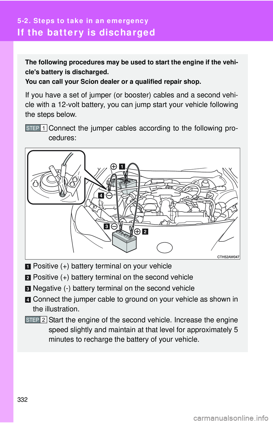 TOYOTA FR-S 2016 Owners Manual (in English) 332
5-2. Steps to take in an emergency
If the batter y is discharged
The following procedures may be used to start the engine if the vehi-
cles battery is discharged.
You can call your Scion dealer TOYOTA FR-S 2016 Owners Manual (in English) 332
5-2. Steps to take in an emergency
If the batter y is discharged
The following procedures may be used to start the engine if the vehi-
cles battery is discharged.
You can call your Scion dealer