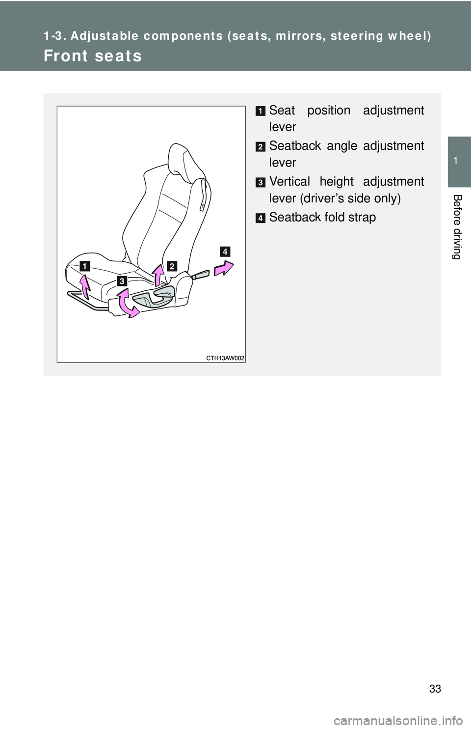 TOYOTA FR-S 2016   (in English) Owners Guide 33
1
Before driving
1-3. Adjustable components (seats, mirrors, steering wheel)
Front seats
Seat position adjustment
lever
Seatback angle adjustment
lever
Vertical height adjustment
lever (driver’s 