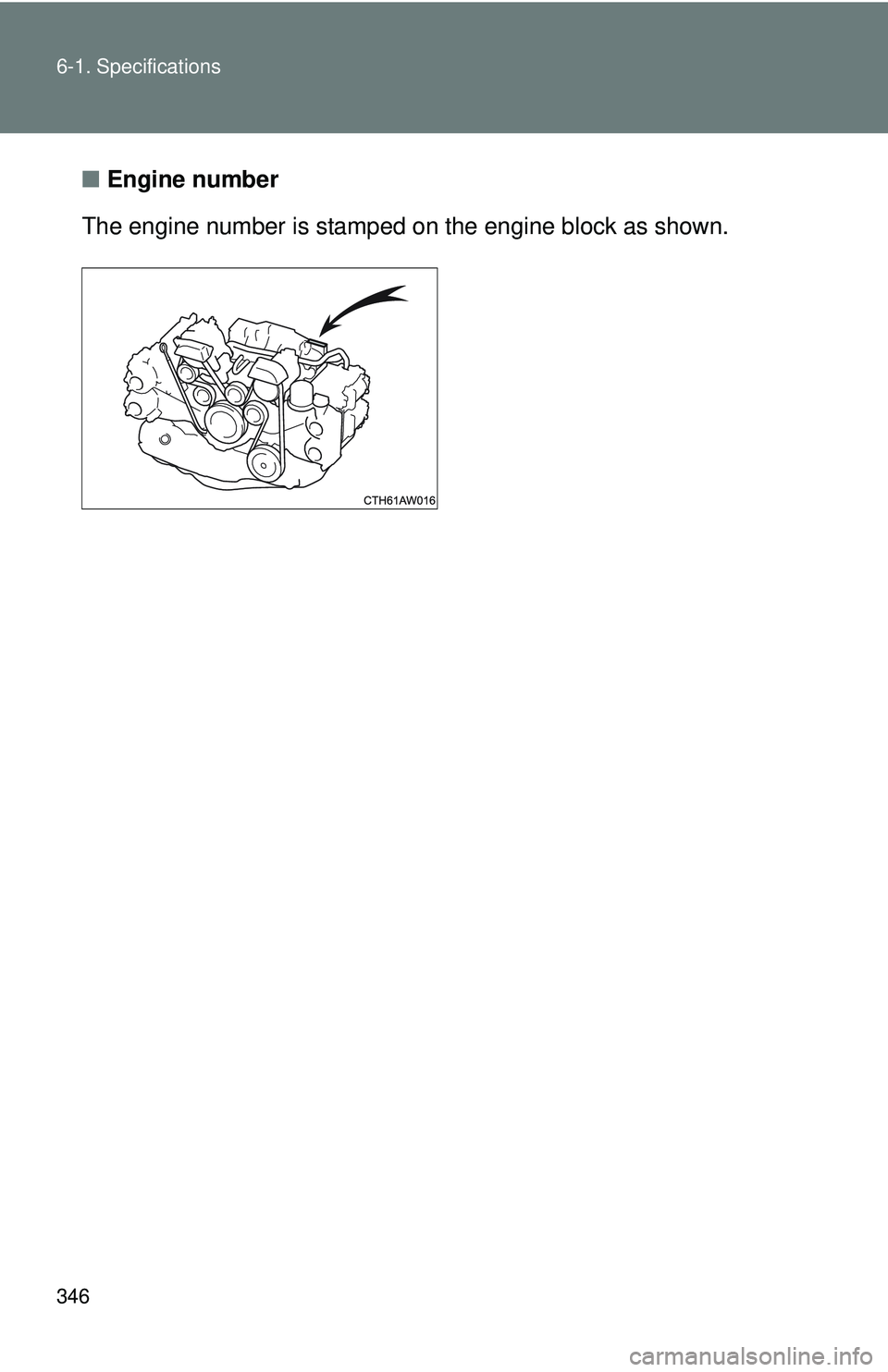 TOYOTA FR-S 2016  Owners Manual (in English) 346 6-1. Specifications
■Engine number
The engine number is stamped on the engine bl ock as shown. 
