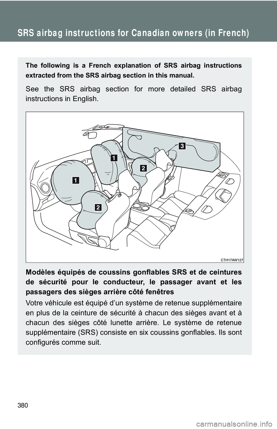 TOYOTA FR-S 2016  Owners Manual (in English) 380
SRS airbag instructions for Canadian owners (in French)
The following is a French explanation of SRS airbag instructions
extracted from the SRS airbag section in this manual.
See the SRS airbag se