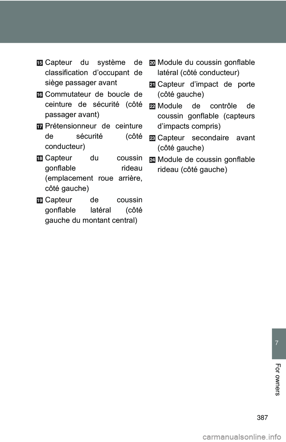 TOYOTA FR-S 2016  Owners Manual (in English) 387
7
For owners
Capteur du système de
classification d’occupant de
siège passager avant
Commutateur de boucle de
ceinture de sécurité (côté
passager avant)
Prétensionneur de ceinture
de séc
