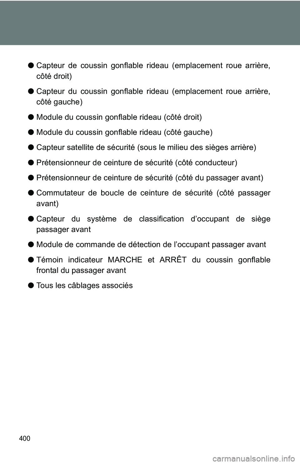 TOYOTA FR-S 2016  Owners Manual (in English) 400
●Capteur de coussin gonflable rideau (emplacement roue arrière,
côté droit)
● Capteur du coussin gonflable rideau (emplacement roue arrière,
côté gauche)
● Module du coussin gonflable 