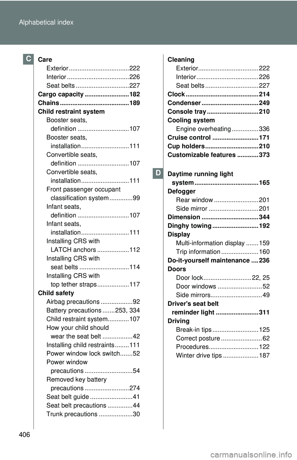 TOYOTA FR-S 2016  Owners Manual (in English) 406 Alphabetical index
CareExterior .................................. 222
Interior ................................... 226
Seat belts .............................. 227
Cargo capacity ...............