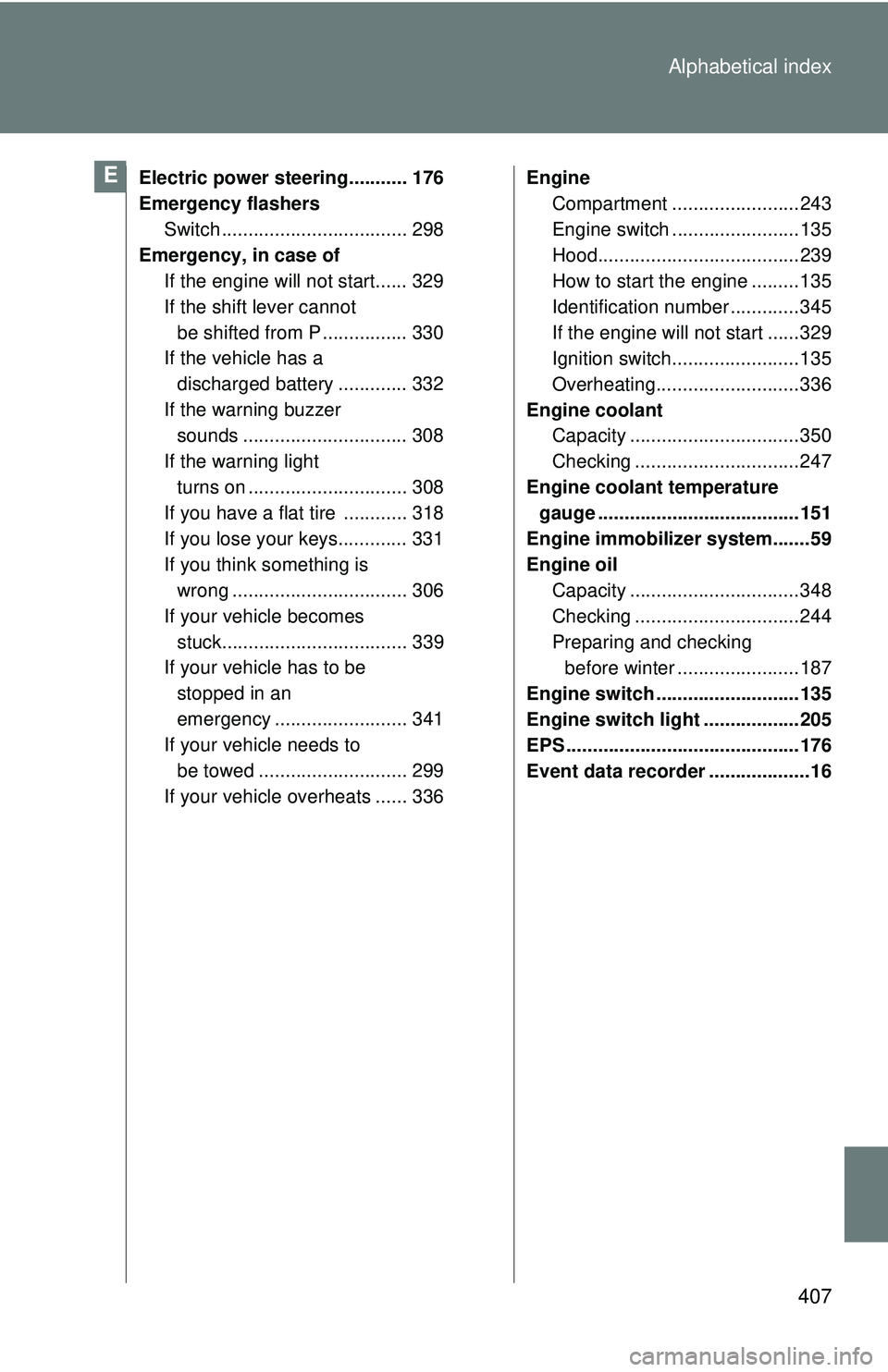 TOYOTA FR-S 2016  Owners Manual (in English) 407
Alphabetical index
Electric power steering........... 176
Emergency flashers
Switch ................................... 298
Emergency, in case of If the engine will not start...... 329
If the shif