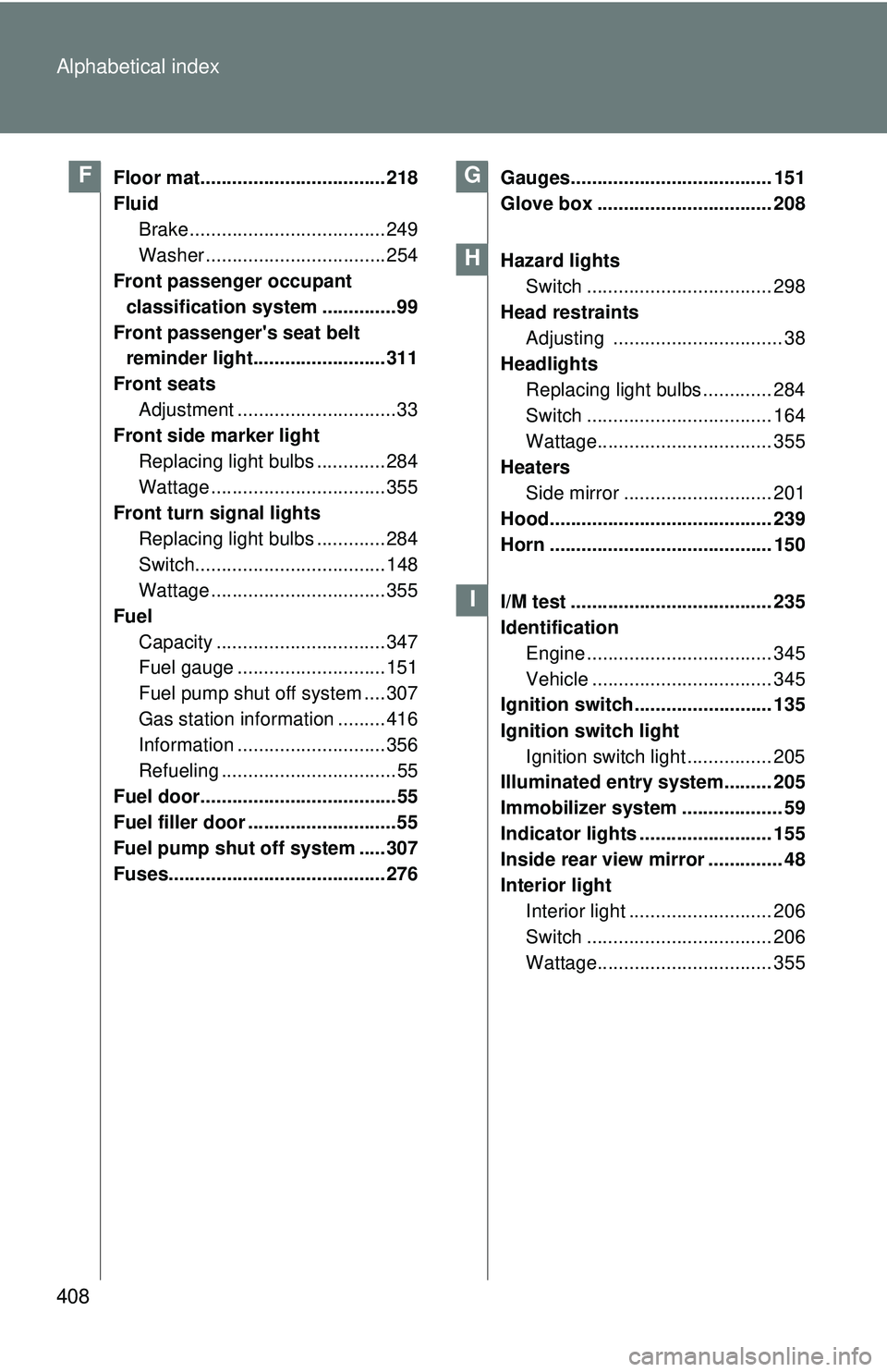 TOYOTA FR-S 2016  Owners Manual (in English) 408 Alphabetical index
Floor mat................................... 218
FluidBrake ..................................... 249
Washer .................................. 254
Front passenger occupant 
cla