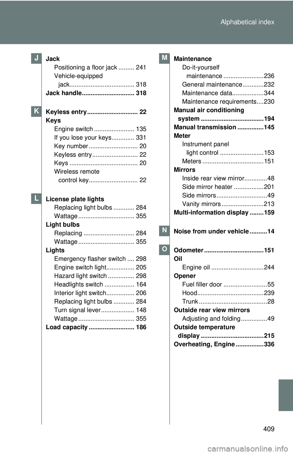 TOYOTA FR-S 2016 Owners Manual (in English) 409
Alphabetical index
Jack
Positioning a floor jack ......... 241
Vehicle-equipped
jack..................................... 318
Jack handle.............................. 318
Keyless entry ......... TOYOTA FR-S 2016 Owners Manual (in English) 409
Alphabetical index
Jack
Positioning a floor jack ......... 241
Vehicle-equipped
jack..................................... 318
Jack handle.............................. 318
Keyless entry .........