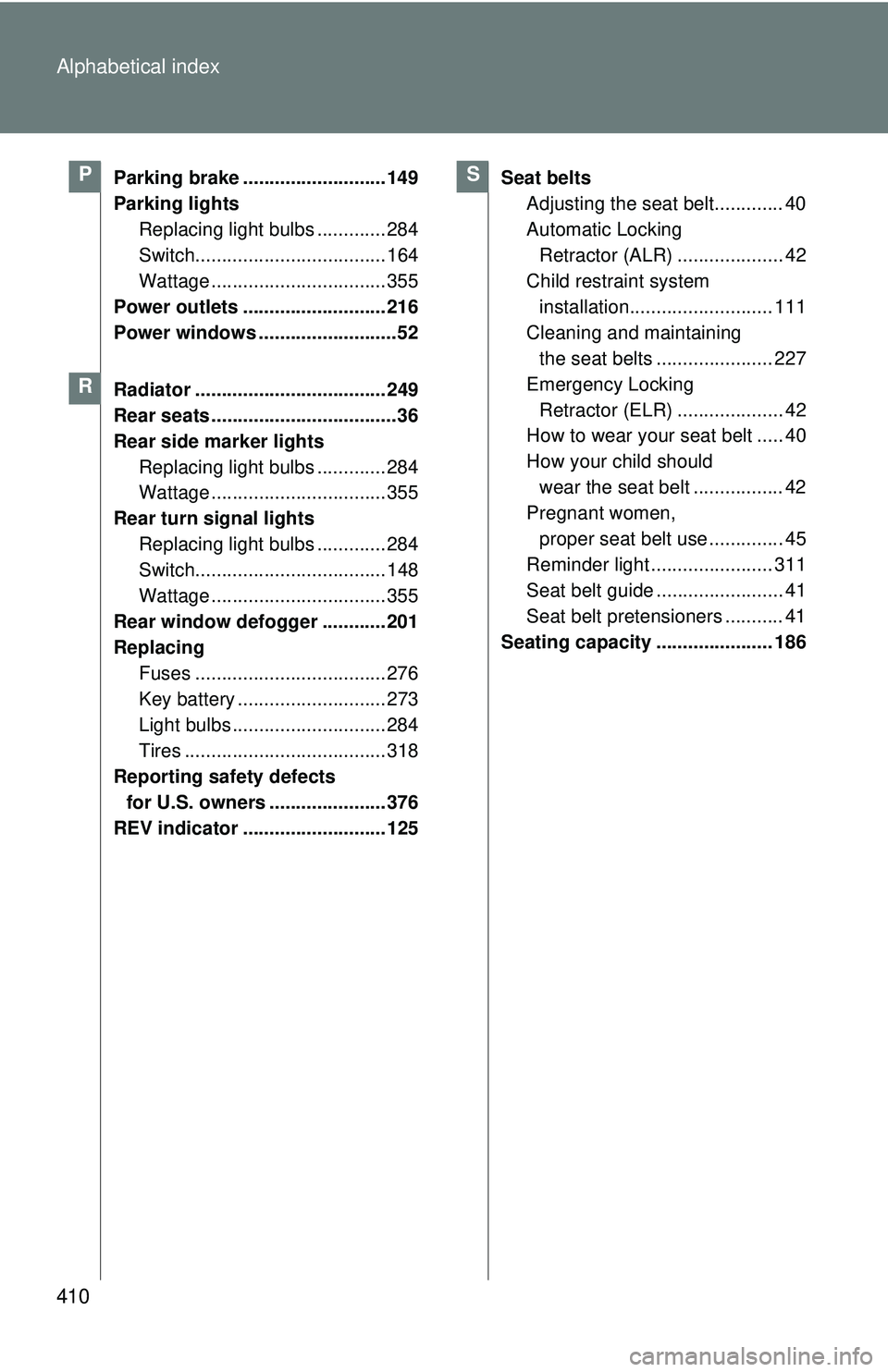 TOYOTA FR-S 2016 Owners Manual (in English) 410 Alphabetical index
Parking brake ........................... 149
Parking lightsReplacing light bulbs ............. 284
Switch.................................... 164
Wattage ...................... TOYOTA FR-S 2016 Owners Manual (in English) 410 Alphabetical index
Parking brake ........................... 149
Parking lightsReplacing light bulbs ............. 284
Switch.................................... 164
Wattage ......................