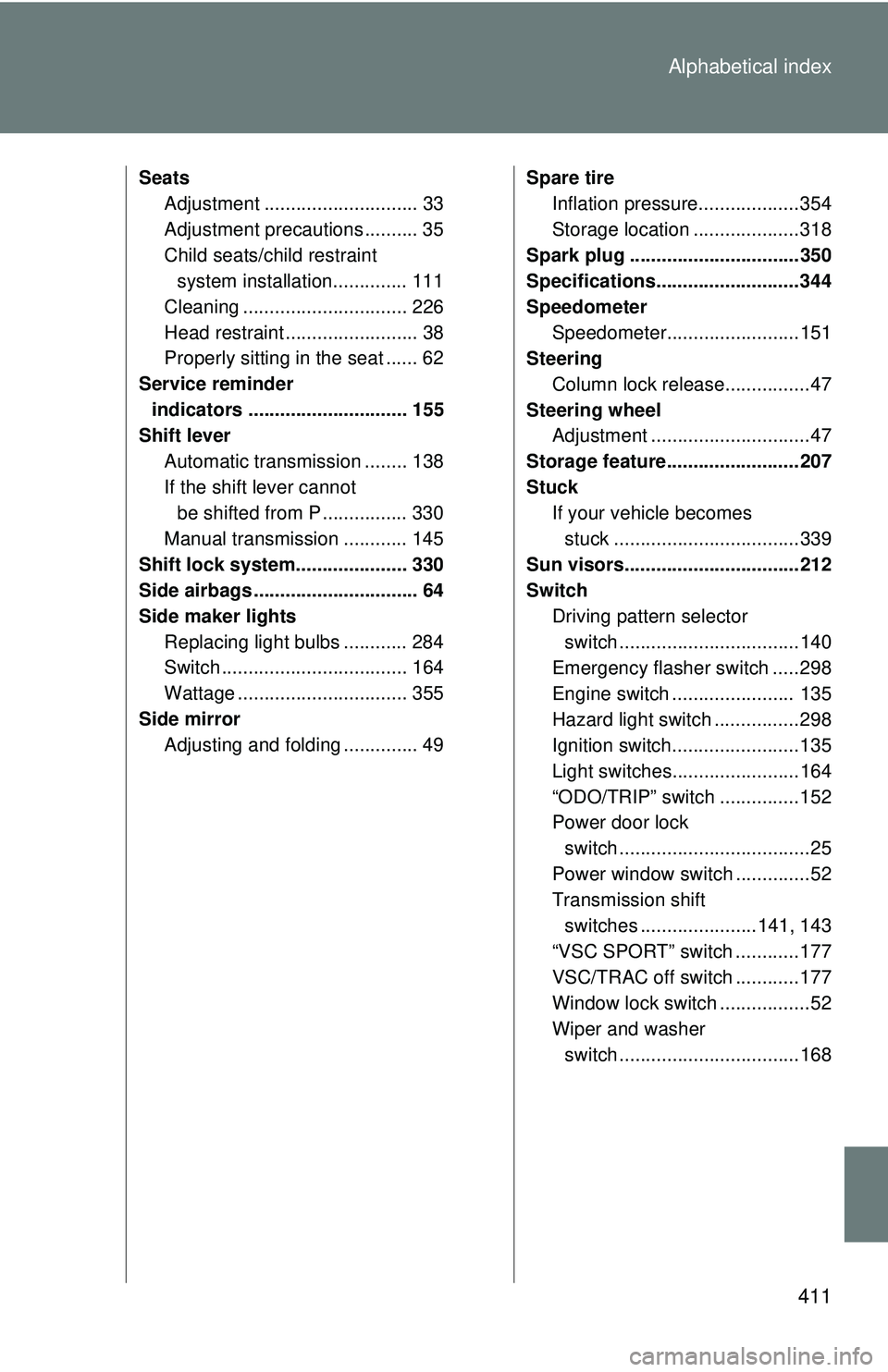 TOYOTA FR-S 2016 Owners Manual (in English) 411
Alphabetical index
Seats
Adjustment ............................. 33
Adjustment precautions .......... 35
Child seats/child restraint system installation.............. 111
Cleaning ............... TOYOTA FR-S 2016 Owners Manual (in English) 411
Alphabetical index
Seats
Adjustment ............................. 33
Adjustment precautions .......... 35
Child seats/child restraint system installation.............. 111
Cleaning ...............