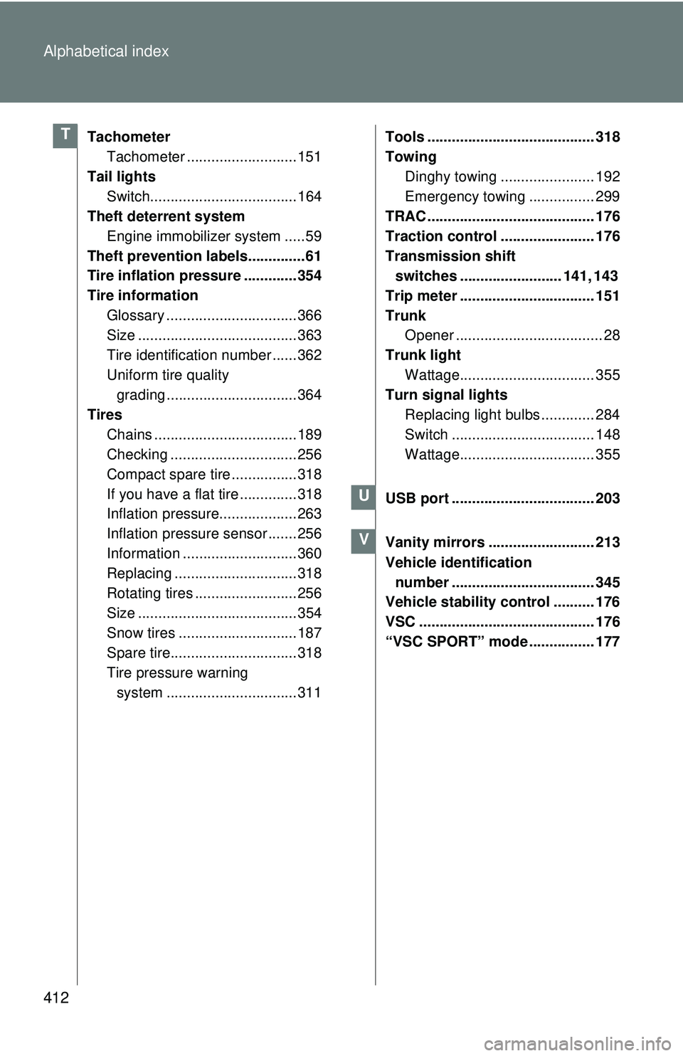 TOYOTA FR-S 2016 Owners Manual (in English) 412 Alphabetical index
TachometerTachometer ........................... 151
Tail lights Switch.................................... 164
Theft deterrent system
Engine immobilizer system .....59
Theft pr TOYOTA FR-S 2016 Owners Manual (in English) 412 Alphabetical index
TachometerTachometer ........................... 151
Tail lights Switch.................................... 164
Theft deterrent system
Engine immobilizer system .....59
Theft pr