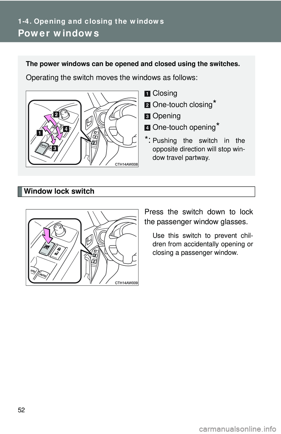 TOYOTA FR-S 2016   (in English) Workshop Manual 52
1-4. Opening and closing the windows
Power windows
Window lock switchPress the switch down to lock
the passenger window glasses.
Use this switch to prevent chil-
dren from accidentally opening or
c