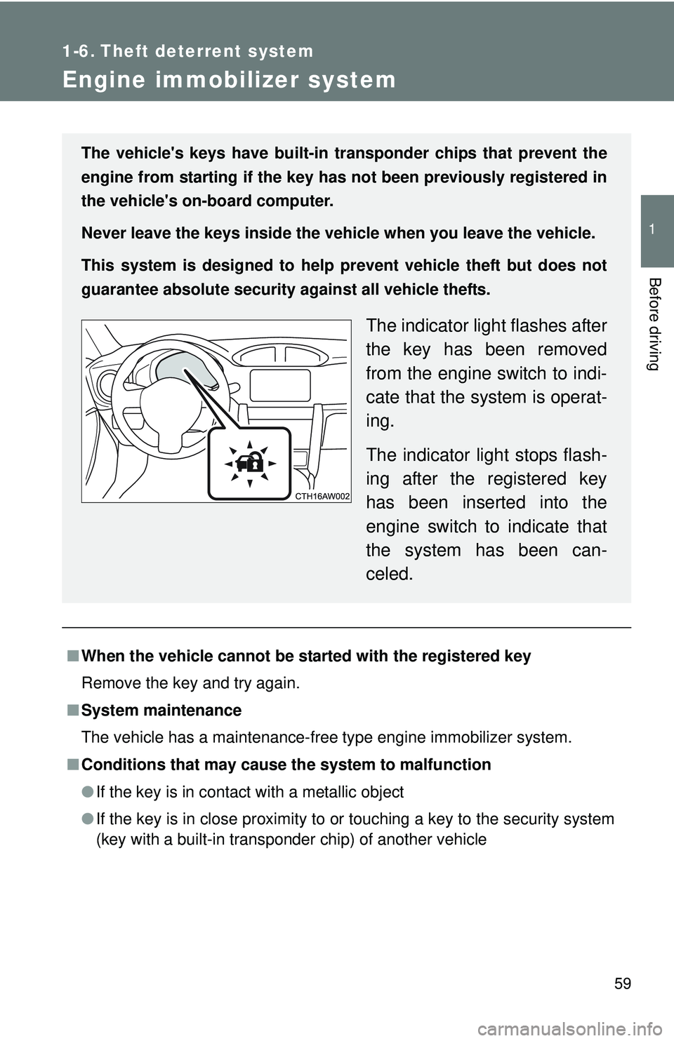 TOYOTA FR-S 2016   (in English) Repair Manual 59
1
Before driving
1-6. Theft deterrent system
Engine immobilizer system
■When the vehicle cannot be st arted with the registered key
Remove the key and try again.
■ System maintenance
The vehicl