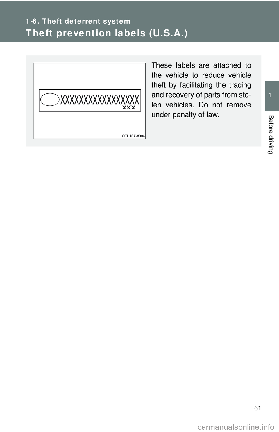 TOYOTA FR-S 2016   (in English) Repair Manual 61
1
1-6. Theft deterrent system
Before driving
Theft prevention labels (U.S.A.)
These labels are attached to
the vehicle to reduce vehicle
theft by facilitating the tracing
and recovery of parts from