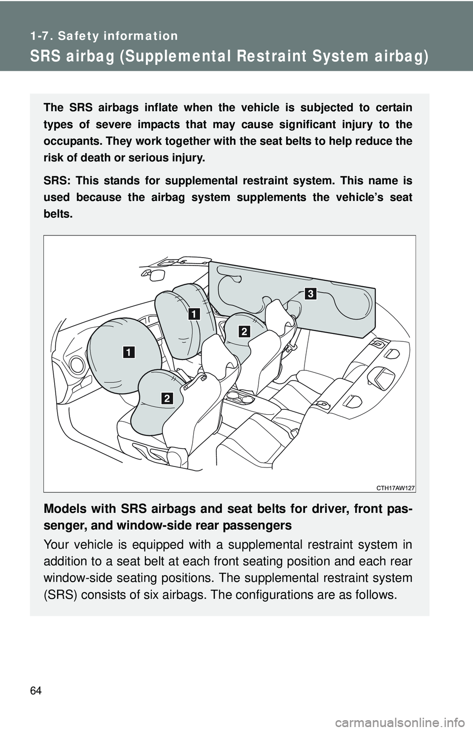 TOYOTA FR-S 2016   (in English) Repair Manual 64
1-7. Safety information
SRS airbag (Supplemental Restraint System airbag)
The SRS airbags inflate when the vehicle is subjected to certain
types of severe impacts that may  cause significant injury