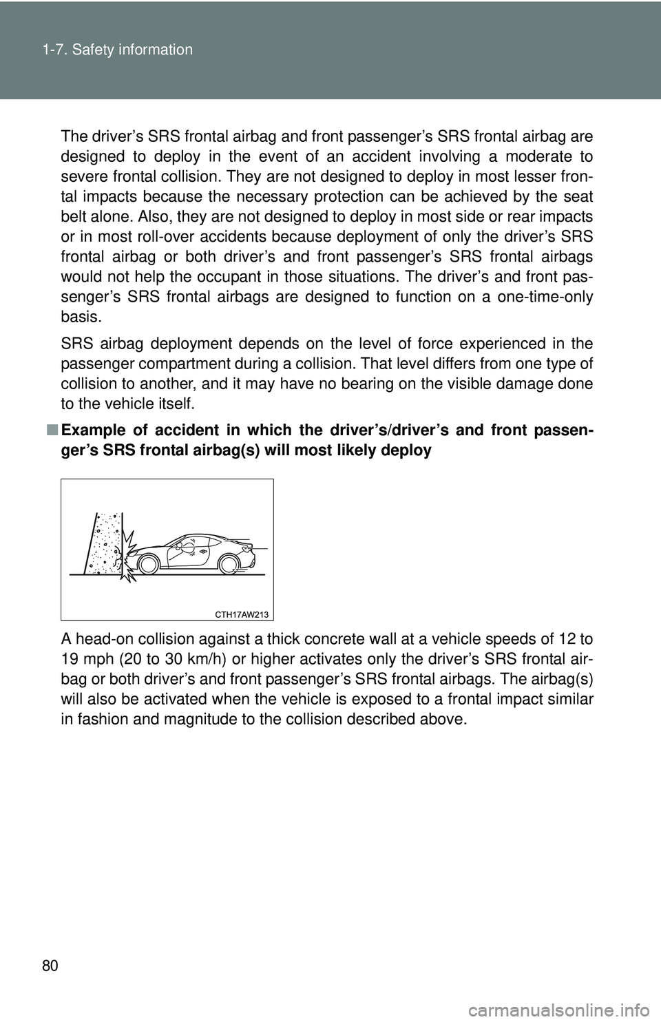 TOYOTA FR-S 2016 (in English) Manual Online 80 1-7. Safety information
The driver’s SRS frontal airbag and front passenger’s SRS frontal airbag are
designed to deploy in the event of an accident involving a moderate to
severe frontal collis TOYOTA FR-S 2016 (in English) Manual Online 80 1-7. Safety information
The driver’s SRS frontal airbag and front passenger’s SRS frontal airbag are
designed to deploy in the event of an accident involving a moderate to
severe frontal collis