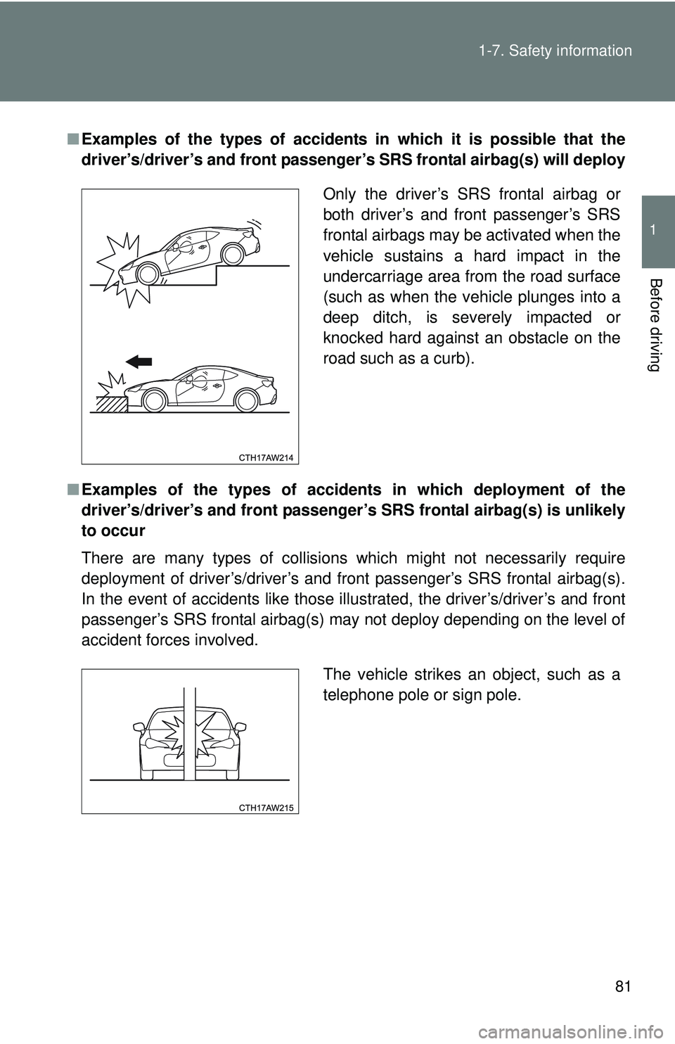 TOYOTA FR-S 2016 (in English) Manual Online 81
1-7. Safety information
1
Before driving
■
Examples of the types of accidents in which it is possible that the
driver’s/driver’s and front passenger’s SRS frontal airbag(s) will deploy
■ TOYOTA FR-S 2016 (in English) Manual Online 81
1-7. Safety information
1
Before driving
■
Examples of the types of accidents in which it is possible that the
driver’s/driver’s and front passenger’s SRS frontal airbag(s) will deploy
■