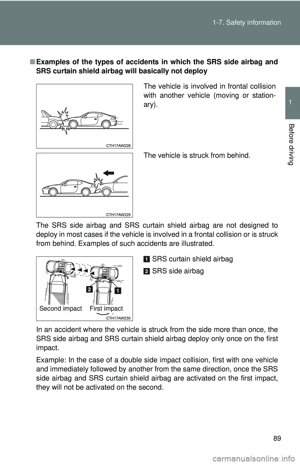 TOYOTA FR-S 2016  Owners Manual (in English) 89
1-7. Safety information
1
Before driving
■
Examples of the types of accidents in which the SRS side airbag and
SRS curtain shield airbag will basically not deploy
The SRS side airbag and SRS curt