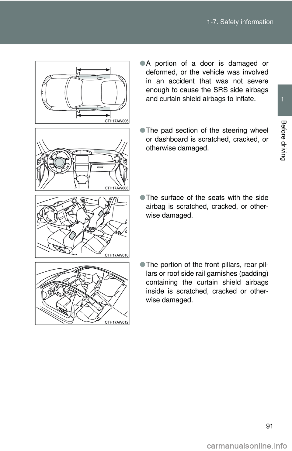 TOYOTA FR-S 2016  Owners Manual (in English) 91
1-7. Safety information
1
Before driving
●
A portion of a door is damaged or
deformed, or the vehicle was involved
in an accident that was not severe
enough to cause the SRS side airbags
and curt
