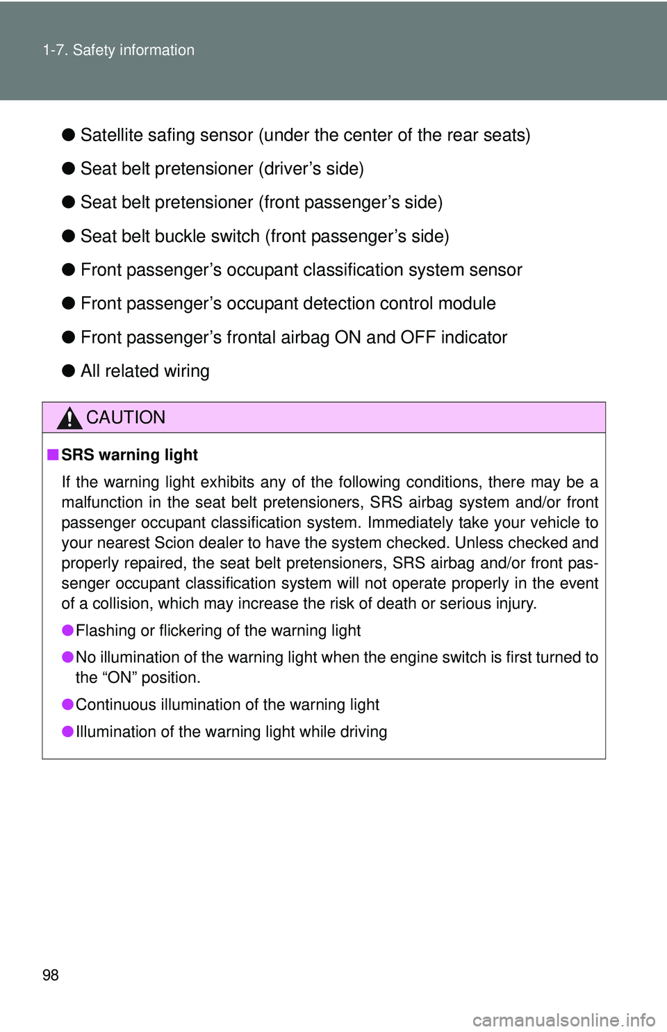 TOYOTA FR-S 2016  Owners Manual (in English) 98 1-7. Safety information
●Satellite safing sensor (under  the center of the rear seats)
● Seat belt pretensioner (driver’s side)
● Seat belt pretensioner (front passenger’s side)
● Seat 