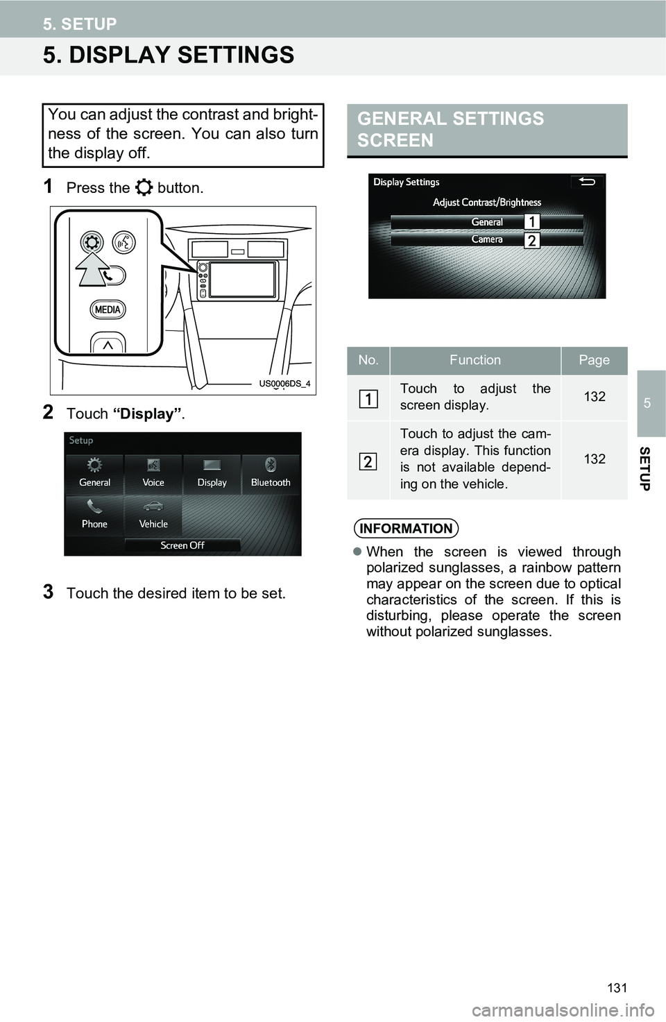 TOYOTA FR-S 2016 Accessories, Audio & Navigation (in English) 131
5. SETUP
5
SETUP
5. DISPLAY SETTINGS
1Press the button.
2Touch “Display”.
3Touch the desired item to be set.
You can adjust the contrast and bright-
ness of the screen. You can also turn
the TOYOTA FR-S 2016 Accessories, Audio & Navigation (in English) 131
5. SETUP
5
SETUP
5. DISPLAY SETTINGS
1Press the button.
2Touch “Display”.
3Touch the desired item to be set.
You can adjust the contrast and bright-
ness of the screen. You can also turn
the