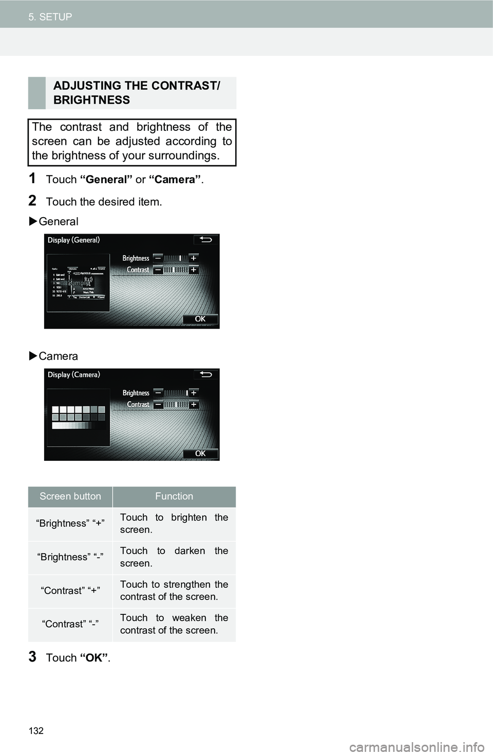 TOYOTA FR-S 2016 Accessories, Audio & Navigation (in English) 132
5. SETUP
1Touch “General” or “Camera”.
2Touch the desired item.
General
Camera
3Touch “OK”.
ADJUSTING THE CONTRAST/
BRIGHTNESS
The contrast and brightness of the
screen can be ad TOYOTA FR-S 2016 Accessories, Audio & Navigation (in English) 132
5. SETUP
1Touch “General” or “Camera”.
2Touch the desired item.
General
Camera
3Touch “OK”.
ADJUSTING THE CONTRAST/
BRIGHTNESS
The contrast and brightness of the
screen can be ad