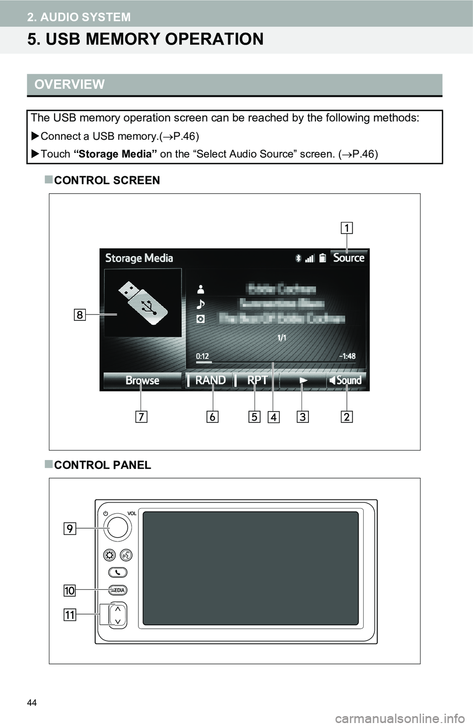 TOYOTA FR-S 2016  Accessories, Audio & Navigation (in English) 44
2. AUDIO SYSTEM
5. USB MEMORY OPERATION
CONTROL SCREEN
CONTROL PANEL
OVERVIEW
The USB memory operation screen can be reached by the following methods:
Connect a USB memory.(P.46)
Tou