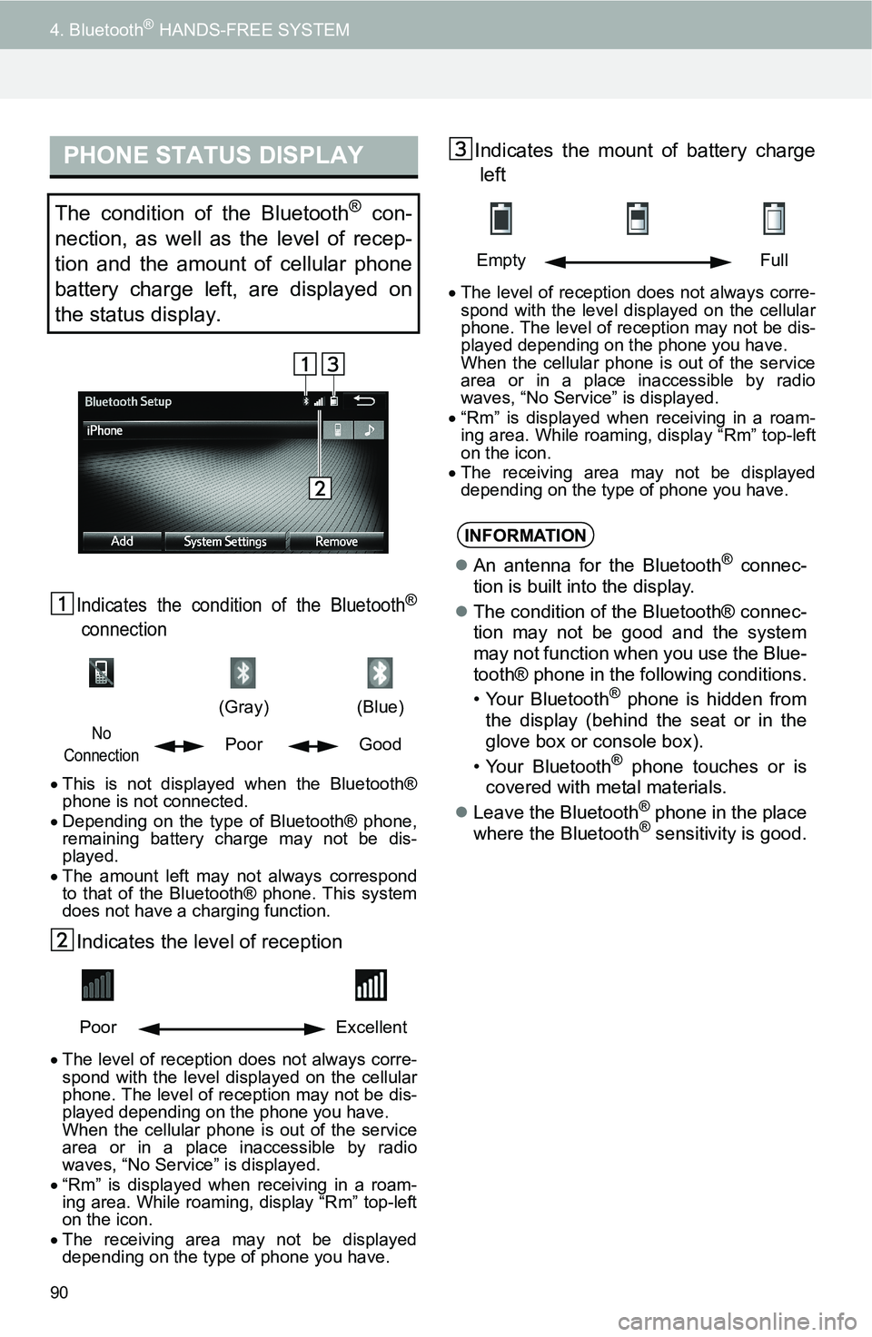 TOYOTA FR-S 2016 Accessories, Audio & Navigation (in English) 90
4. Bluetooth® HANDS-FREE SYSTEM
Indicates the condition of the Bluetooth®
connection
This is not displayed when the Bluetooth®
phone is not connected.
Depending on the type of Bluetooth® TOYOTA FR-S 2016 Accessories, Audio & Navigation (in English) 90
4. Bluetooth® HANDS-FREE SYSTEM
Indicates the condition of the Bluetooth®
connection
This is not displayed when the Bluetooth®
phone is not connected.
Depending on the type of Bluetooth®